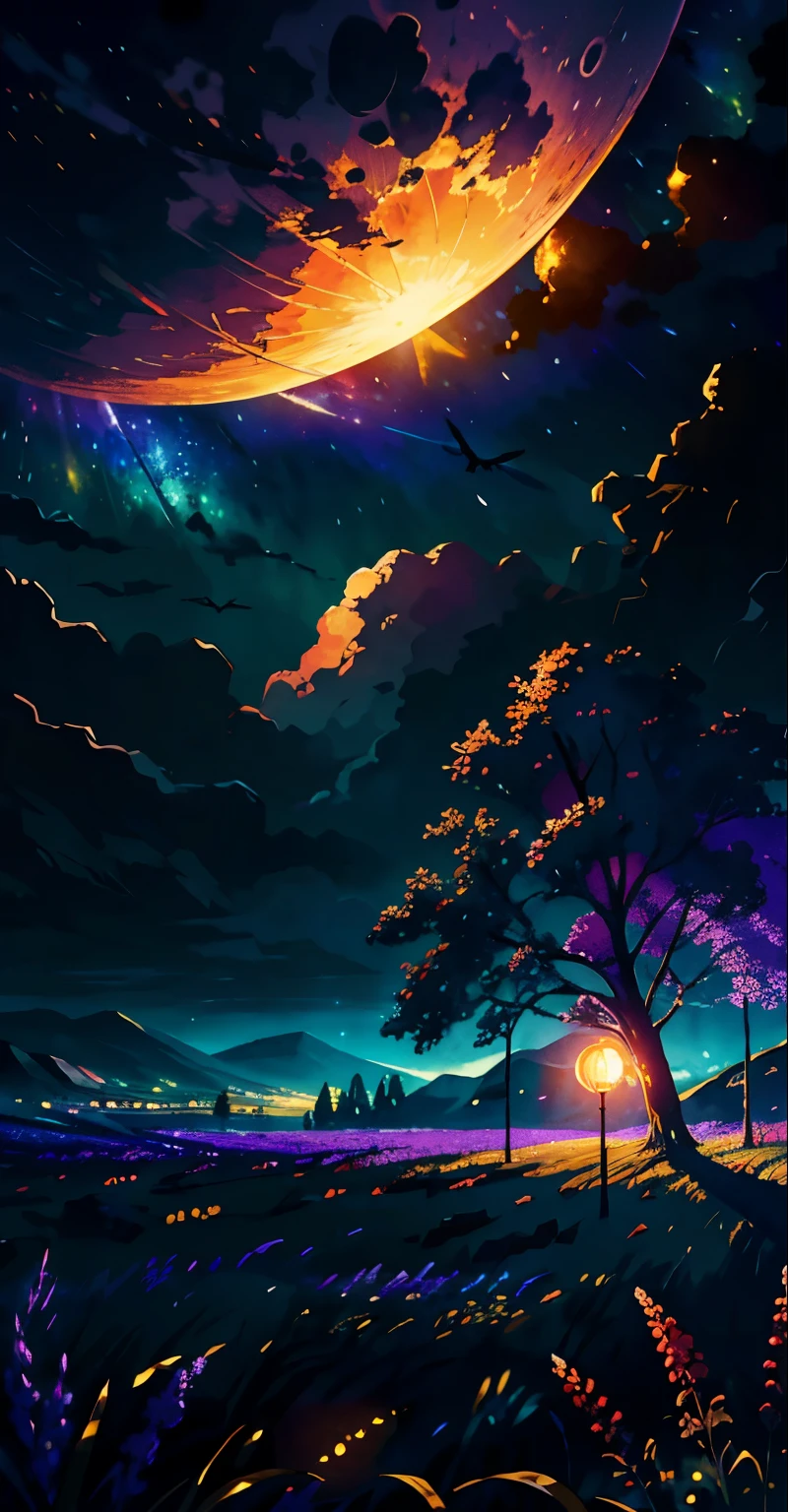 A wide landscape photo, (viewed from below, the sky is above, and the open field is below), a girl standing on a flower field looking up, (full moon: 1.2), (meteor: 0.9), (nebula: 1.3), distant mountains , Trees BREAK Crafting Art, (Warm Light: 1.2), (Firefly: 1.2), Lights, Lots of Purple and Orange, Intricate Details, Volumetric Lighting BREAK (Masterpiece: 1.2), (Best Quality), 4k, Ultra Detailed, (Dynamic Composition: 1.4), Rich in Detail and Color, (Rainbow Color: 1.2), (Glow, Atmospheric Lighting), Dreamy, Magical, (Solo: 1.2)