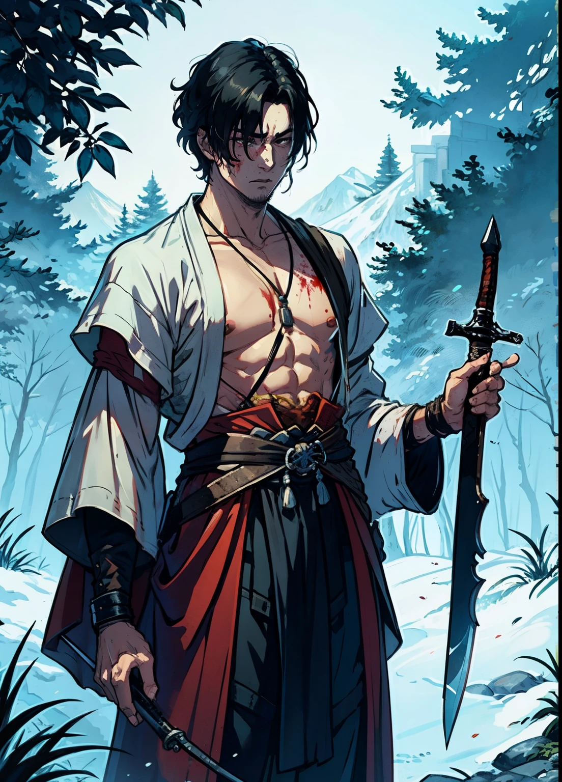 Isshin, el Santo de la Espada es un guerrero legendario y el fundador del Clan Ashina. Es un anciano con cabello y barba blancos, Llevar un kimono azul con patrones negros y una capa blanca. Lleva una katana y una lanza. He also has a gun hidden up his sleeve...

Wait for Sekiro in the large grass field where he first fought Genichiro Ashina., su nieto. The field is covered in blood and corpses of soldiers who died in battle.. El cielo es oscuro y tormentoso, and Luzning flashes occasionally. Isshin emerges from Genichiro&#39;s body after sacrificing himself to revive him using the Black Mortal Sword... He respects Sekiro as a worthy opponent and challenges him to a final duel for Ashina&#39;s fate...
Luna, tema oscuro, Luz, fancy,