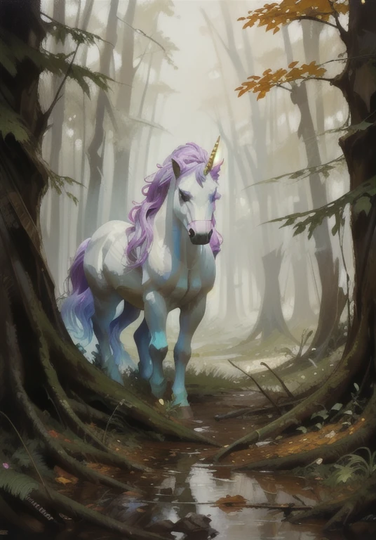 Unicorn on the woods, magic ambience, uhd, incredible illustration, amazing forest, oil painting, impasto, non human, gorgeous Unicorn, magical