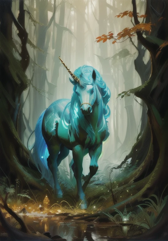 (best quality,uhd,masterpiece:1.2),incredible illustration,(amazing,beautiful) forest,(magical,enchanting) woods,gorgeous Unicorn,(magic,mystical) ambience,(oil painting,impasto) style,(vivid colors,vibrant hues),(mysterious,glistening) light,non-human fantasy creature,graceful horn,ethereal presence