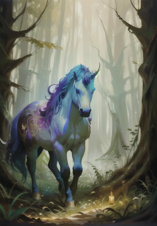 (best quality,uhd,masterpiece:1.2),incredible illustration,(amazing,beautiful) forest,(magical,enchanting) woods,gorgeous Unicorn,(magic,mystical) ambience,(oil painting,impasto) style,(vivid colors,vibrant hues),(mysterious,glistening) light,non-human fantasy creature,graceful horn,ethereal presence