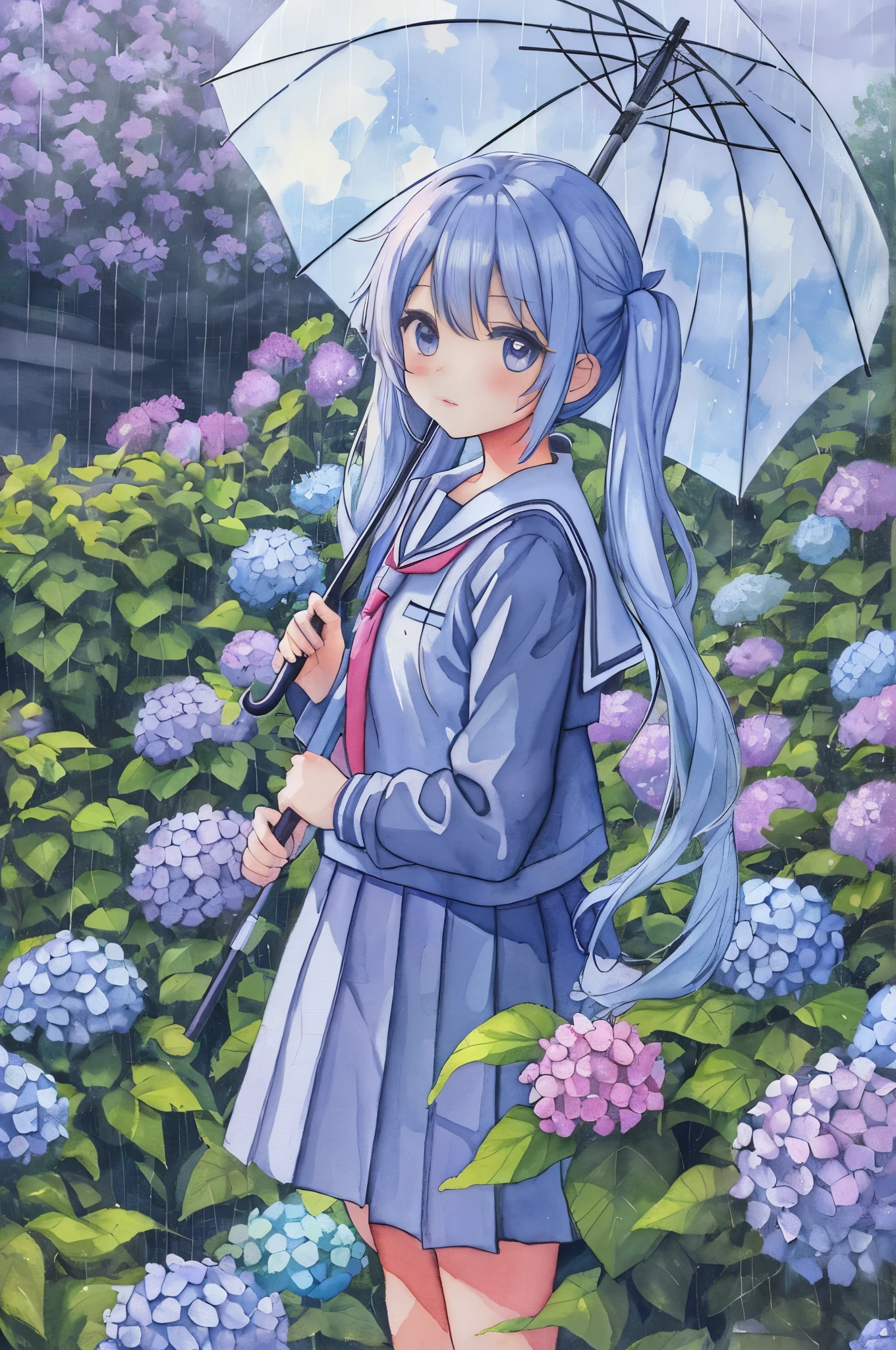 A cute high school girl is drawn in watercolor.. Sky blue long hair、twin tails、The painting features a rainy day, a colorful umbrella, and a purple hydrangea. The color scheme is pastel.((seifuku))