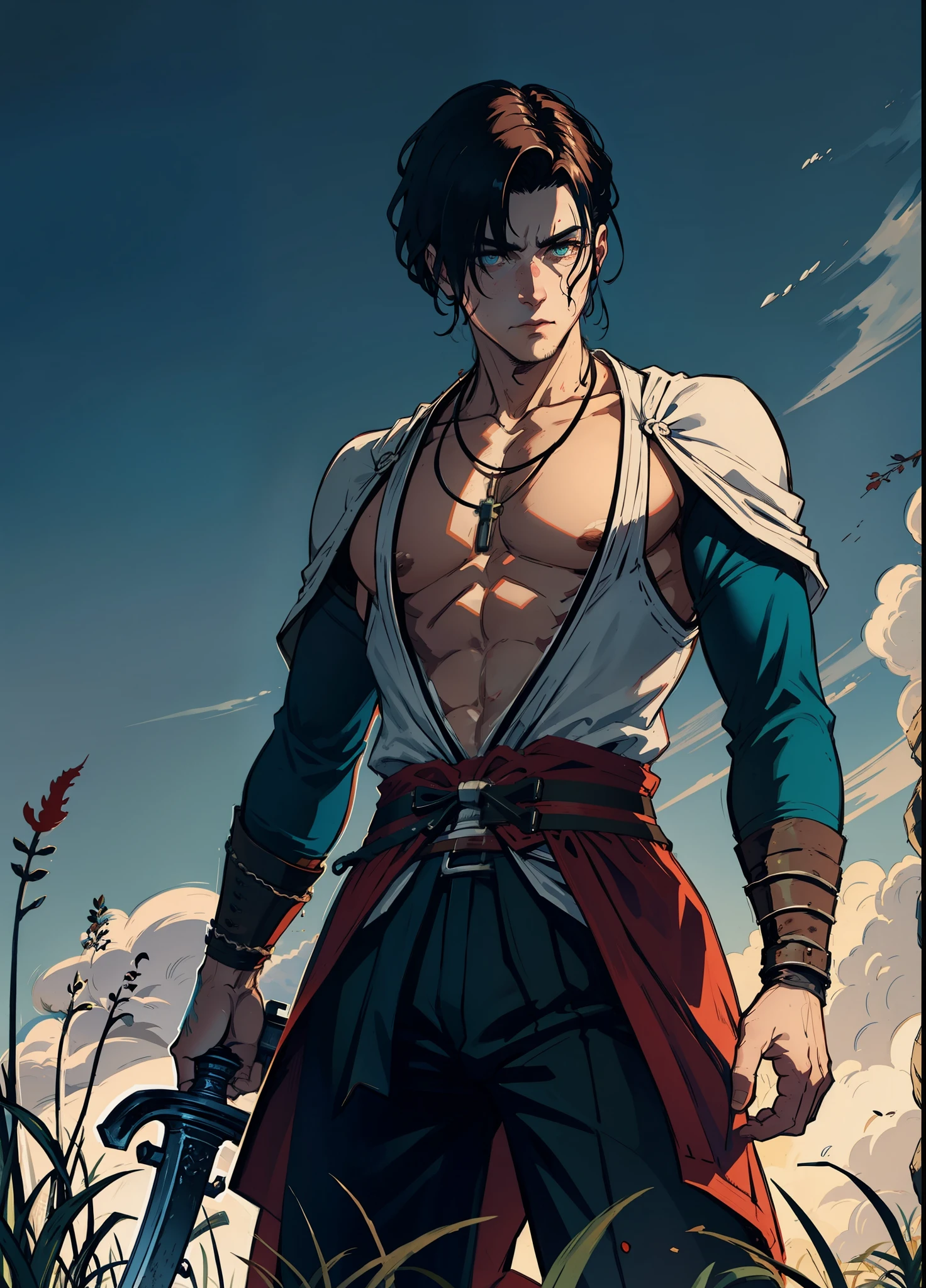 Isshin, el Santo de la Espada es un guerrero legendario y el fundador del Clan Ashina. Es un anciano con cabello y barba blancos, Llevar un kimono azul con patrones negros y una capa blanca. Lleva una katana y una lanza. He also has a gun hidden up his sleeve...
Wait for Sekiro in the large grass field where he first fought Genichiro Ashina., su nieto. The field is covered in blood and corpses of soldiers who died in battle.. El cielo es oscuro y tormentoso, and Luzning flashes occasionally. Isshin emerges from Genichiro's body after sacrificing himself to revive him using the Black Mortal Sword... He respects Sekiro as a worthy opponent and challenges him to a final duel for Ashina's fate...
Luna, tema oscuro, Luz, fancy,