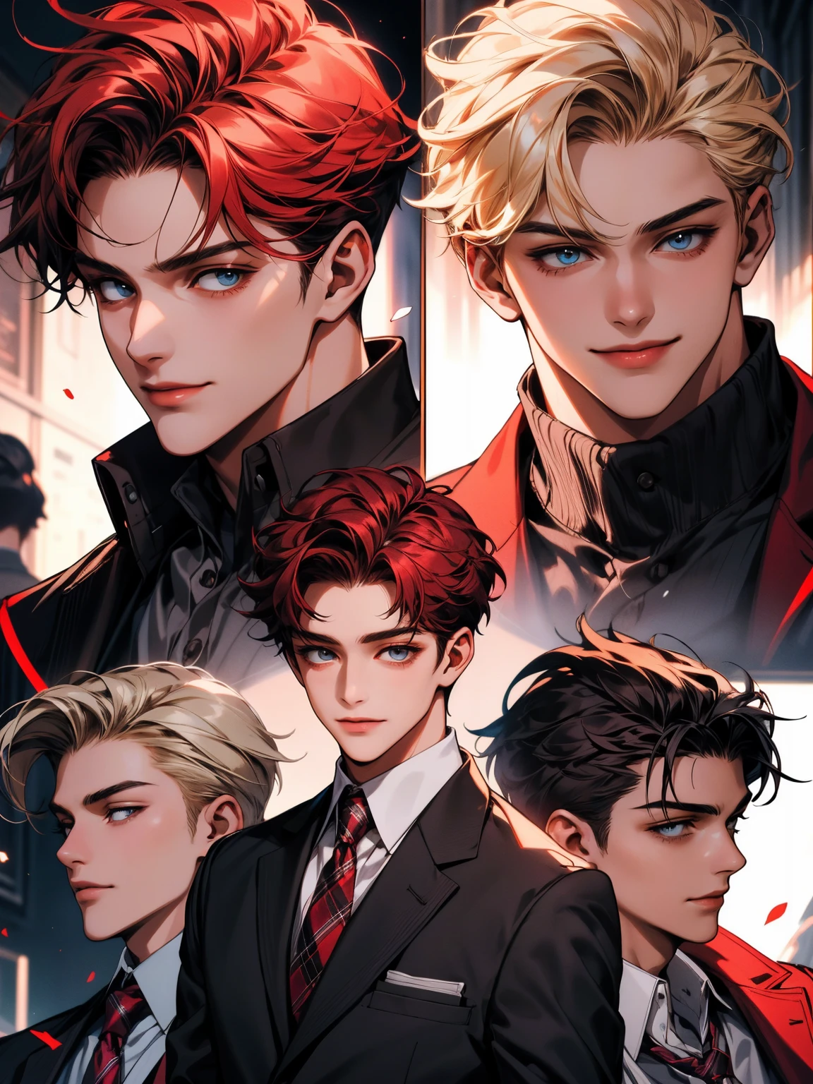 masterpiece, collage of teenage boy, happy, smile, high school boy, school uniform, blond hair, black hair, red hair, multiple boys
