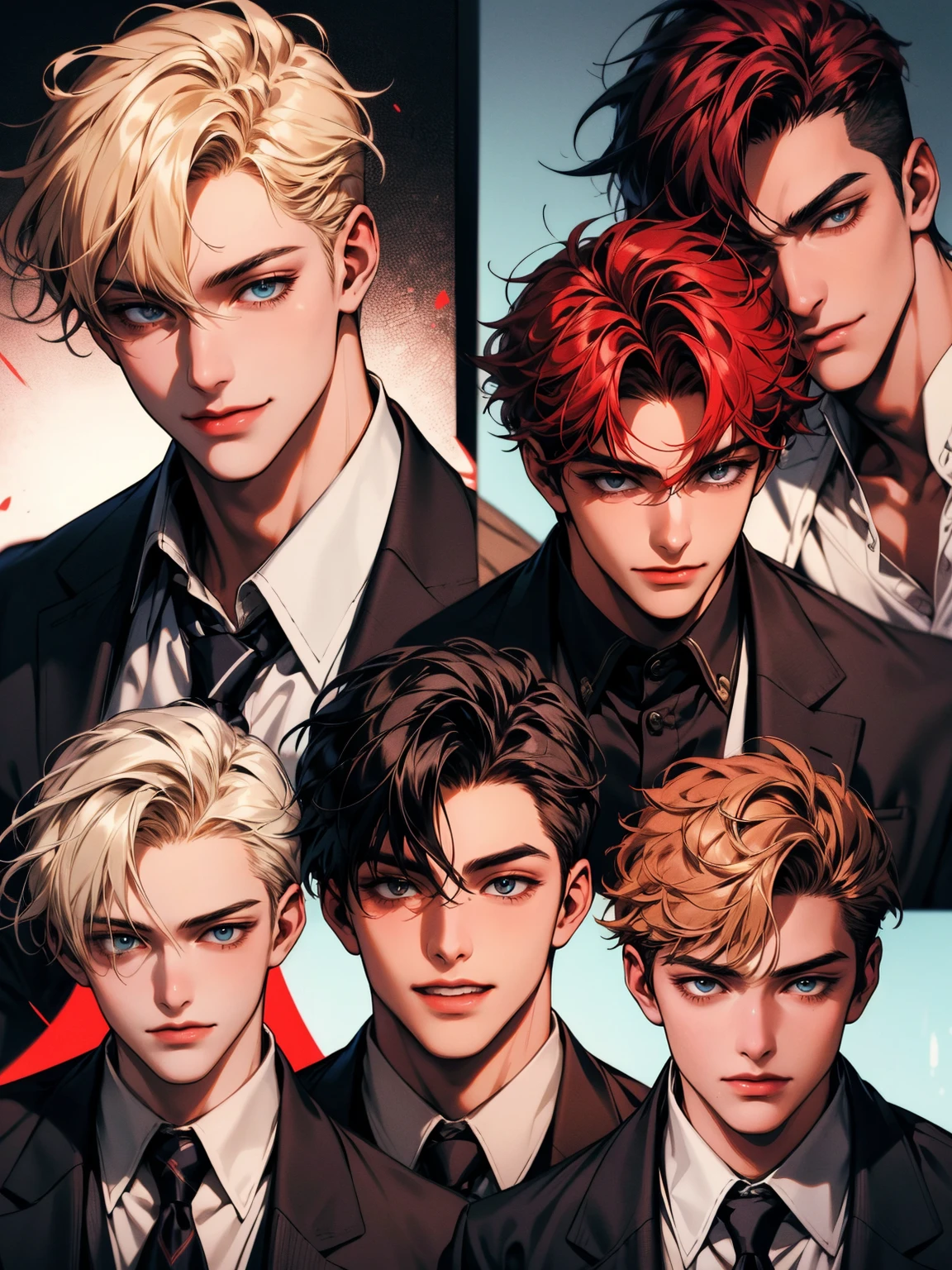 masterpiece, collage of teenage boy, happy, smile, high school boy, school uniform, blond hair, black hair, red hair, multiple boys