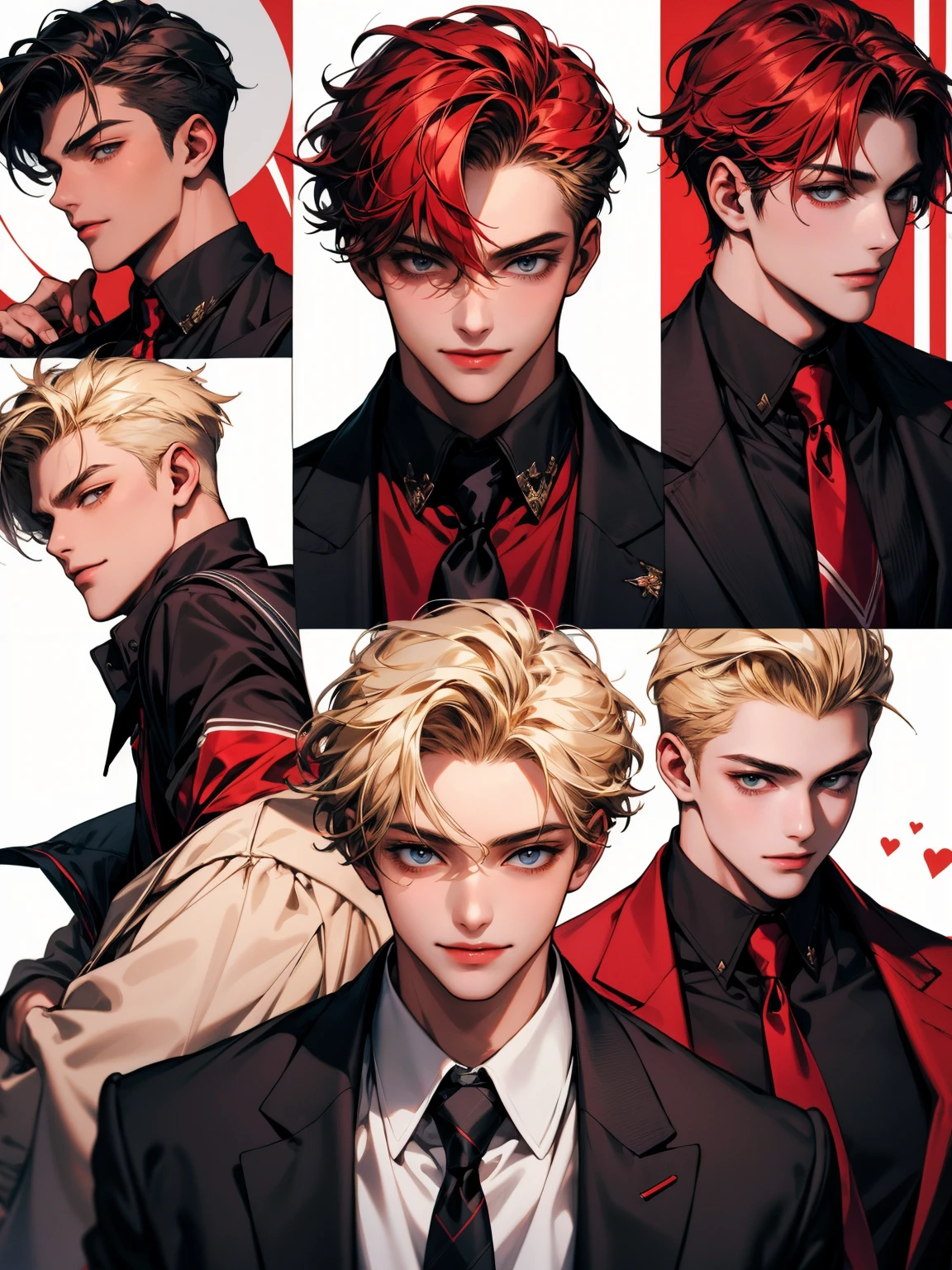 masterpiece, collage of teenage boy, happy, smile, high school boy, school uniform, blond hair, black hair, red hair, multiple boys
