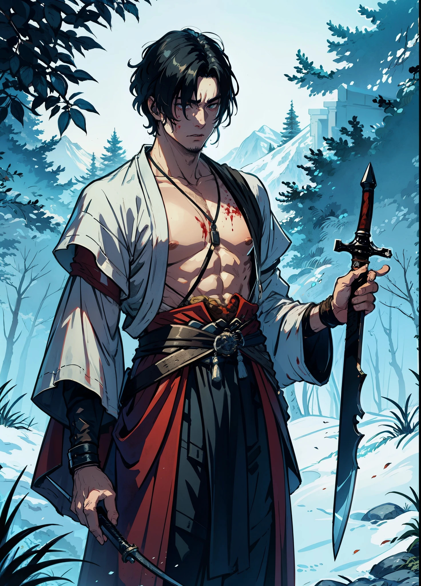 Isshin, el Santo de la Espada es un guerrero legendario y el fundador del Clan Ashina. Es un anciano con cabello y barba blancos, Llevar un kimono azul con patrones negros y una capa blanca. Lleva una katana y una lanza. He also has a gun hidden up his sleeve...

Wait for Sekiro in the large grass field where he first fought Genichiro Ashina., su nieto. The field is covered in blood and corpses of soldiers who died in battle.. El cielo es oscuro y tormentoso, and Luzning flashes occasionally. Isshin emerges from Genichiro&#39;s body after sacrificing himself to revive him using the Black Mortal Sword... He respects Sekiro as a worthy opponent and challenges him to a final duel for Ashina&#39;s fate...
Luna, tema oscuro, Luz, fancy,