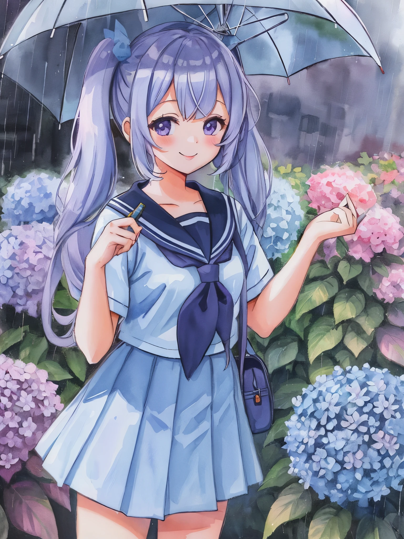 A cute high school girl is drawn in watercolor.. light blue long hair、twin tails、adorable smile、The painting features a rainy day, a colorful umbrella, and a purple hydrangea. The color scheme is pastel.((seifuku))