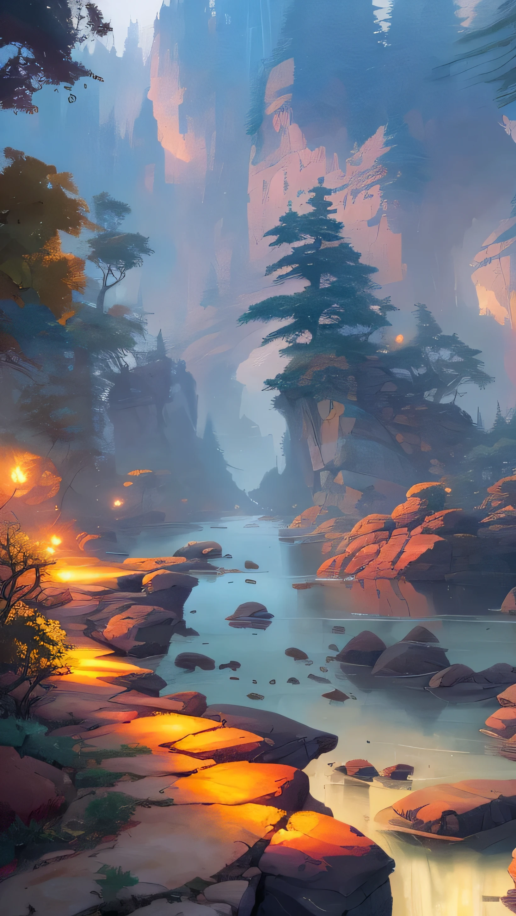 painting of a river with rocks and trees in the background, by David Park, by Vincent Proce, nicolas bouvier sparth, by Craig Thompson, ray swanland, lan mcque, by Slawomir Maniak, inspired by James Pittendrigh MacGillivray, in style of kyrill kotashev, by Michael Sutfin