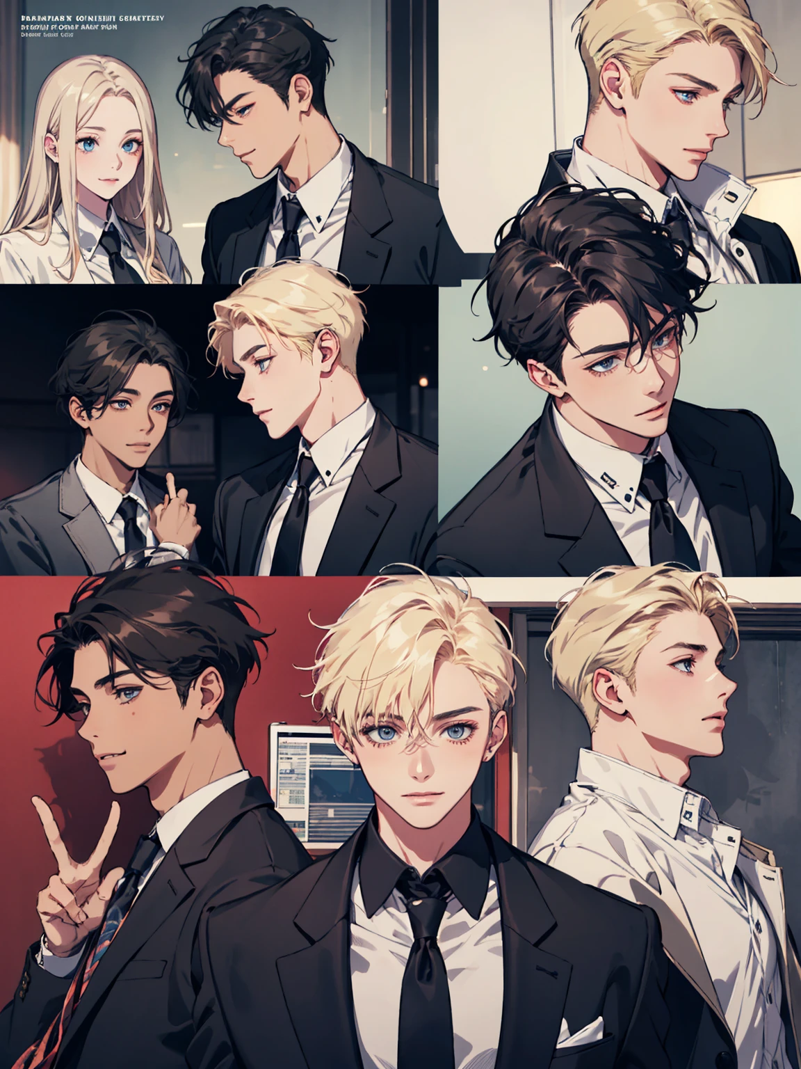 masterpiece, collage of teenage boy, happy, smile, high school boy, school uniform, blond hair, black hair, multiple boys

