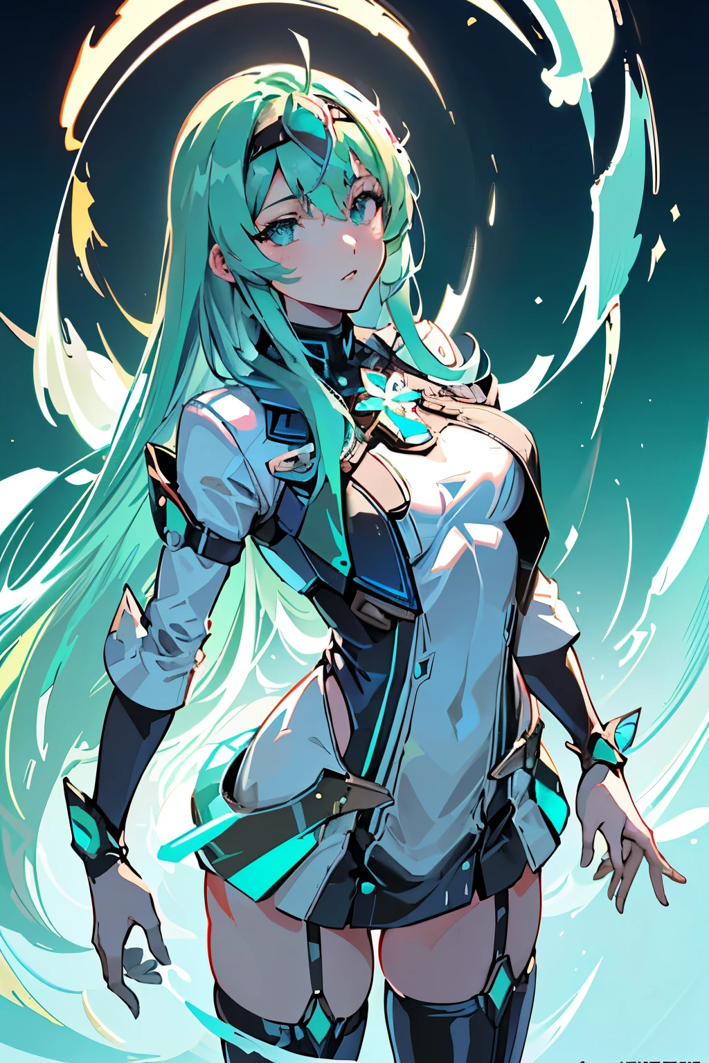 Anime, Girl, (((1girl))), (((Waifu, Xenoblade Chronicles 2, Pneuma Waifu))), (((Seafoam Green Hair, Long Hair))), ((Seafoam Green Eyes eyes:1.3, Upturned Eyes: 1, Perfect Eyes, Beautiful Detailed Eyes, Gradient eyes: 1, Finely Detailed Beautiful Eyes: 1, Symmetrical Eyes: 1, Big Highlight On Eyes: 1.2)), (((Lustrous Skin: 1.5, Bright Skin: 1.5, Skin Fair, Shiny Skin, Very Shiny Skin, Shiny Body, Plastic Glitter Skin, Exaggerated Shiny Skin, Illuminated Skin))), (Detailed Body, (Detailed Face)), Young, Idol Pose, (Best Quality), Techwear, (((Military Uniform))), (((Military Cap))), (((Military Coat))), (((Thigh-high Heeled Boots))), High Resolution, Sharp Focus, Ultra Detailed, Extremely Detailed, Extremely High Quality Artwork, (Realistic, Photorealistic: 1.37), 8k_Wallpaper, (Extremely Detailed CG 8k), (Very Fine 8K CG), ((Hyper Super Ultra Detailed Perfect Piece)), (((Flawlessmasterpiece))), Illustration, Vibrant Colors, (Intricate), High Contrast, Selective Lighting, Double Exposure, HDR (High Dynamic Range), Post-processing, Background Blur