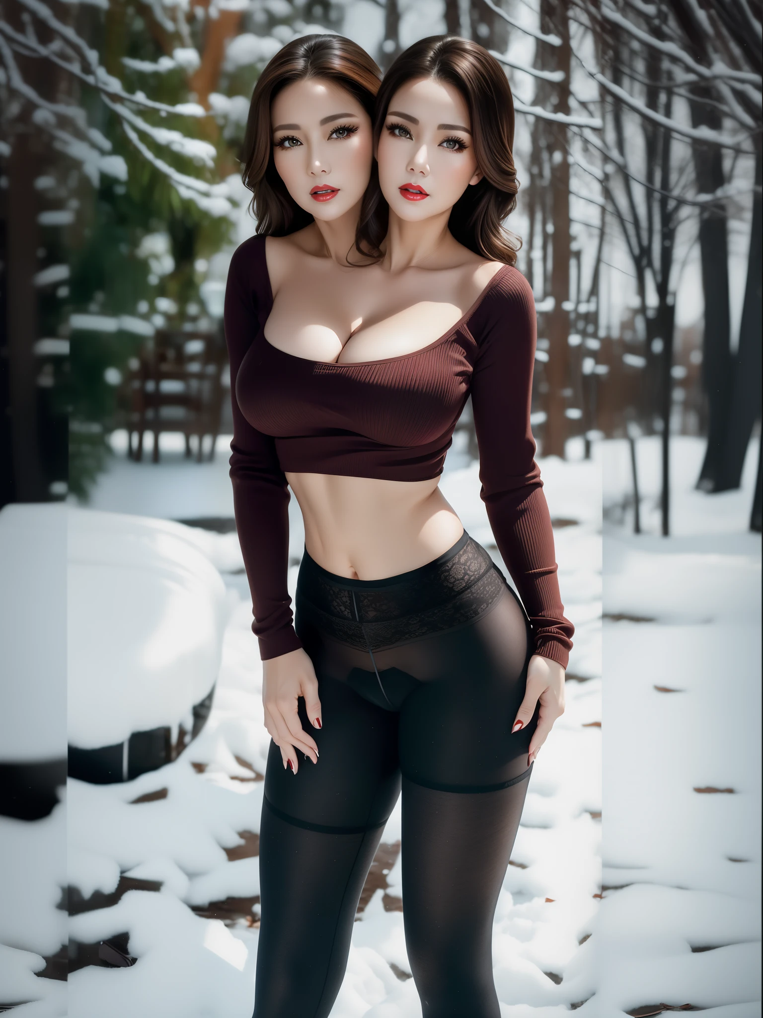 2 heads,Photo of a 50-year-old woman with brown hair, captivating gaze, brown eyes, Wrinkles on her face, black pantyhose,Black High Heel Boots,She wears very sexy lingerie underwear、、Revealing her large sagging breasts, Light makeup and red lips. 32K