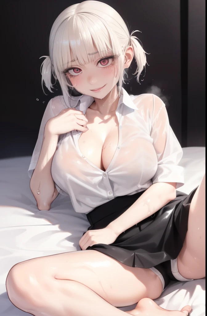 1 girl, smile, shirt, mini skirt, jirai fashion, jirai makeup、 big breasts、seductive cleavage、exquisite female body、detailed face、knowledgeable person、perfect human body、detailed background、lie on the bed、Longitudinal、spread legs、(((sweat,shiny wet skin、shiny skin、oil skin)))、Vulgarity