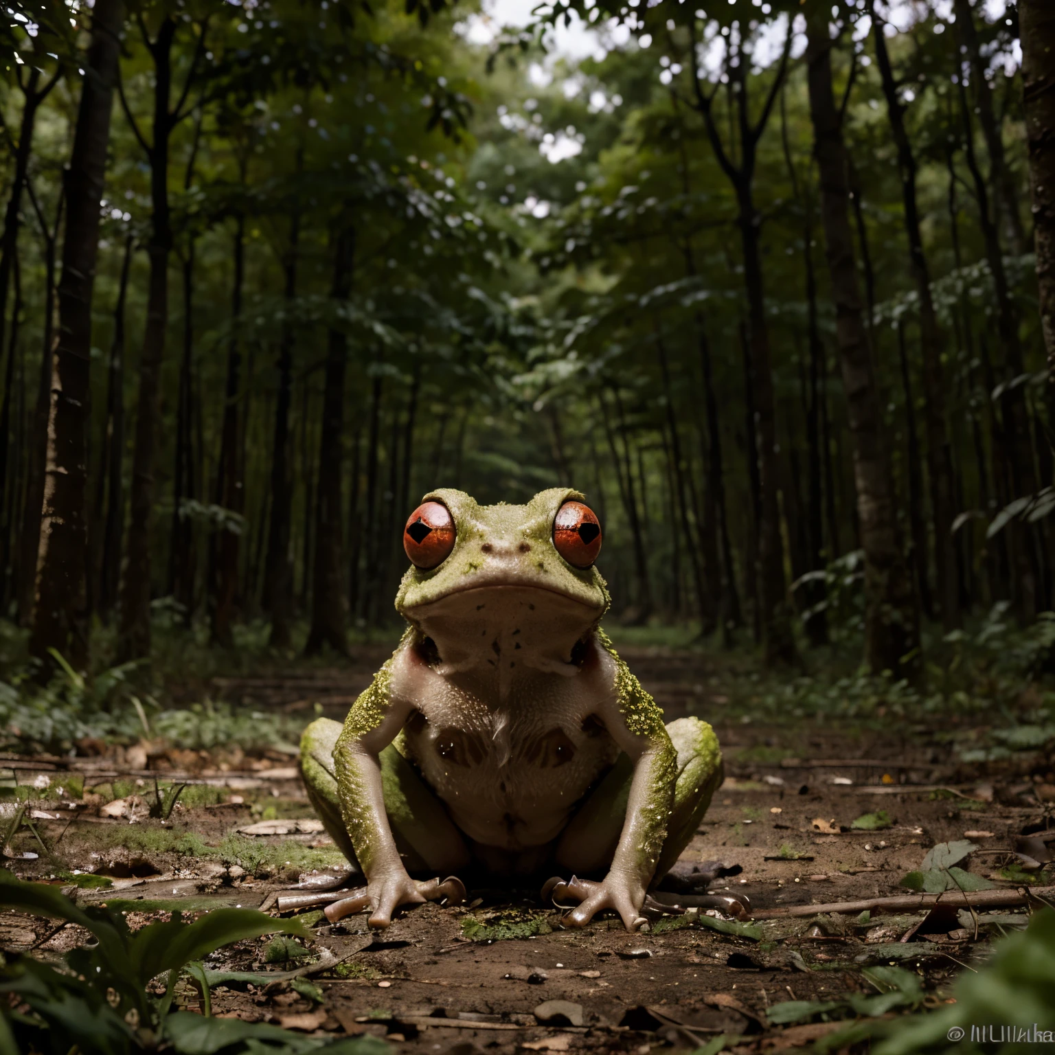 a small shaggy frog with big red eyes sits in a clearing, Milo ulыbaetsya, looks like a 