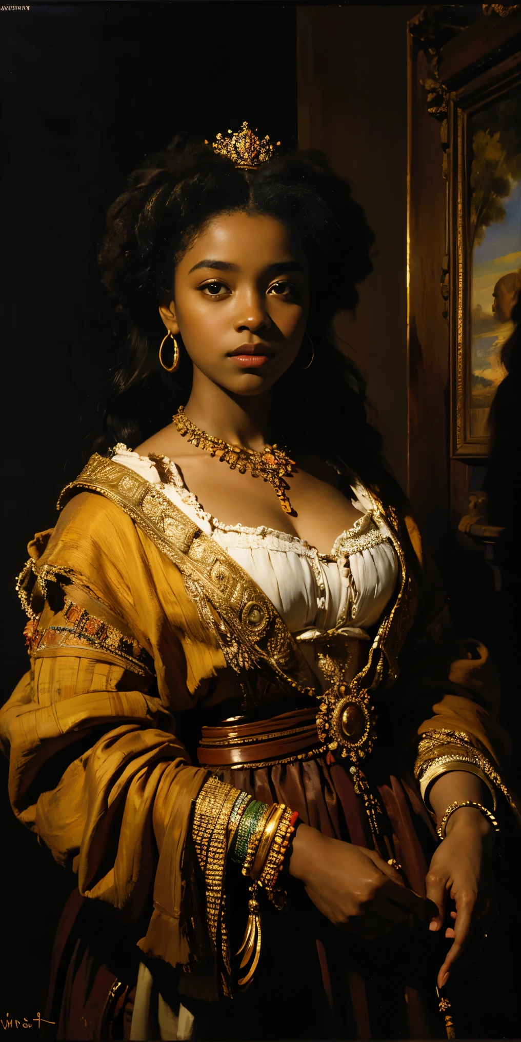  oil painting portrait of beautiful African princess, bright background, heavy brushstrokes, moody, Rembrandt-style lighting, high contrast, vintage, 