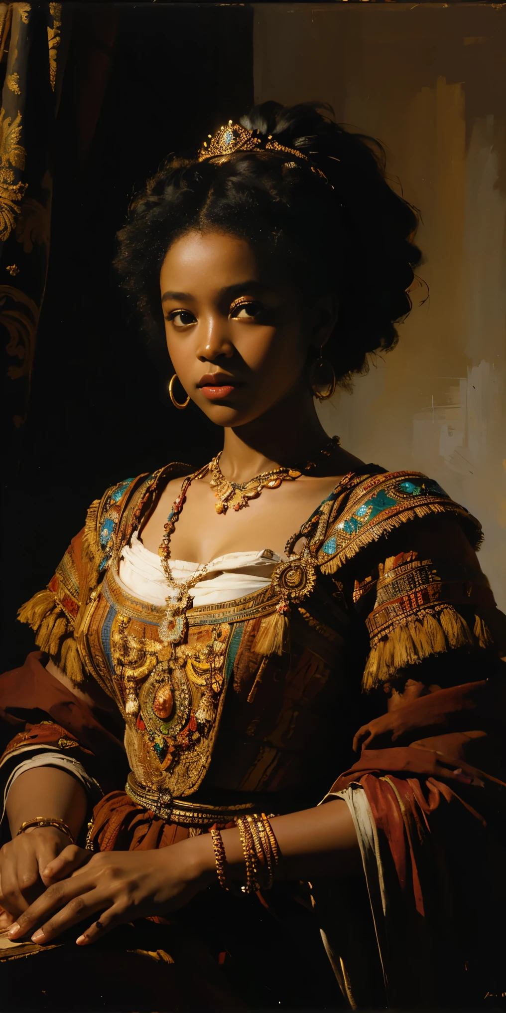  oil painting portrait of beautiful African princess, bright background, heavy brushstrokes, moody, Rembrandt-style lighting, high contrast, vintage, 