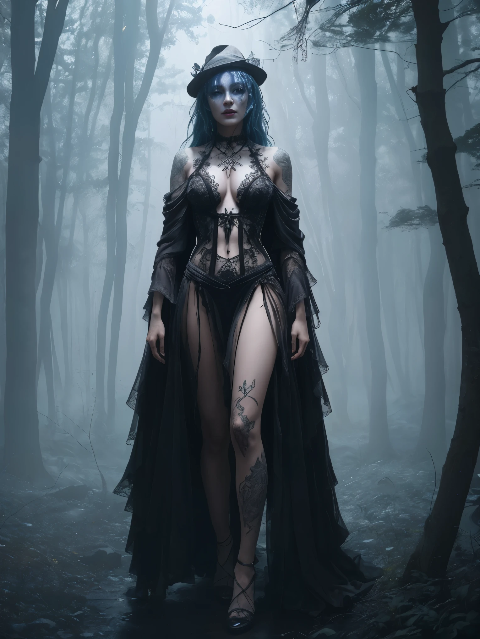 A reimagined iteration of Freddy Krueger emerges, captivating viewers with its distinctive take on the classic horror archetype. This photorealistic image presents a character draped in tattered, charcoal-colored robes, embodying an air of ethereal elegance. Their porcelain-white skin, adorned with delicate, intricately detailed tattoos, glows with an otherworldly luminescence. Instead of the typical burned visage, their face is flawless, glistening with an eerie, porcelain-like sheen. As the character surveys their surroundings, a surreal dreamscape unfolds - an intricate, twisted labyrinth of floating geometric structures bathed in muted moonlight. This reinterpretation evokes a sense of mystique and allure, challenging the traditional essence of Freddy Krueger while beckoning viewers into a narrative dynamic that balances chilling horror and ethereal enchantment. With cinematic precision, every minute detail is enhanced in this 8K rendering, immersing the audience in this epic and highly detailed vision of horror.