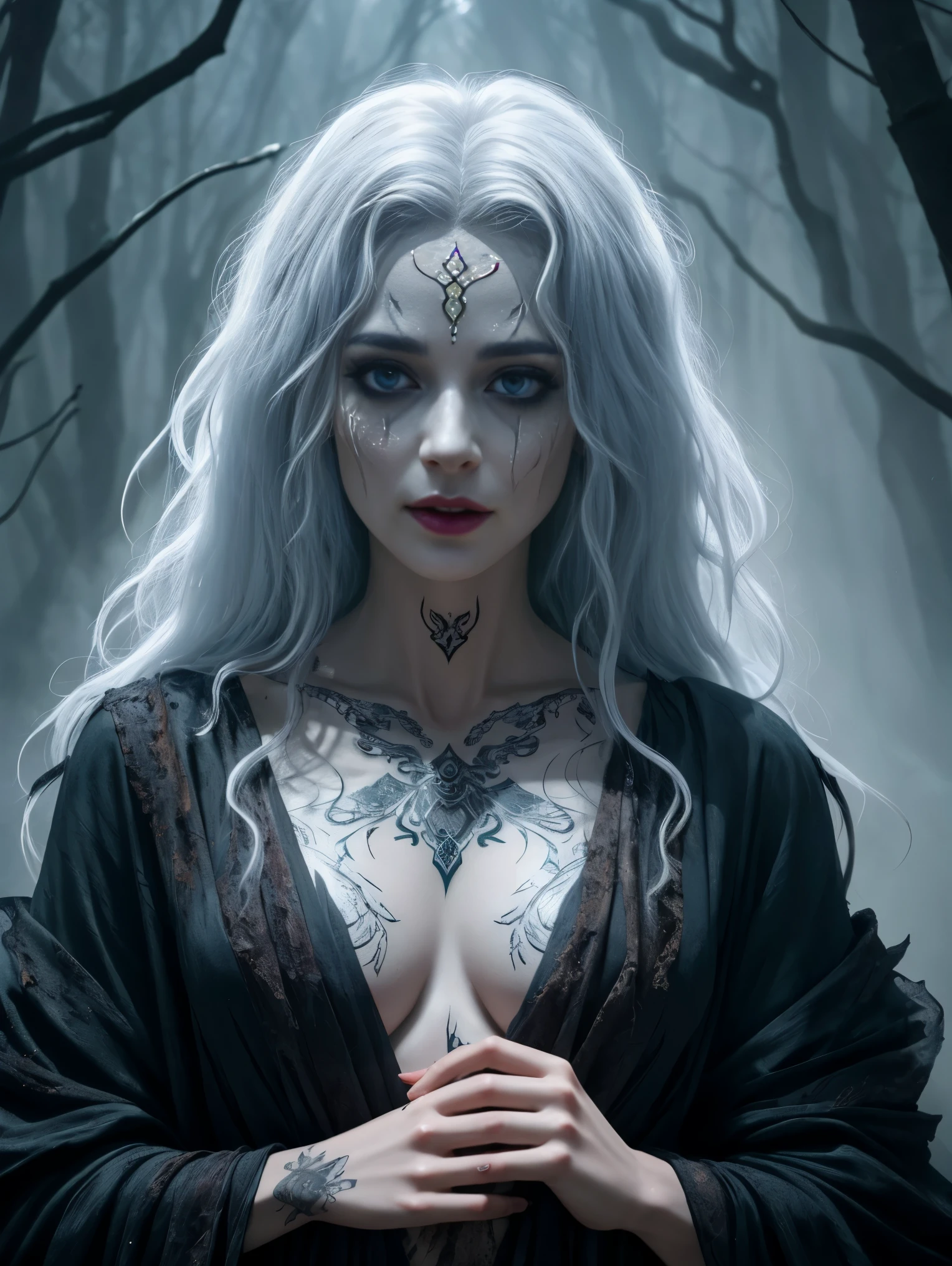 A reimagined iteration of Freddy Krueger emerges, captivating viewers with its distinctive take on the classic horror archetype. This photorealistic image presents a character draped in tattered, charcoal-colored robes, embodying an air of ethereal elegance. Their porcelain-white skin, adorned with delicate, intricately detailed tattoos, glows with an otherworldly luminescence. Instead of the typical burned visage, their face is flawless, glistening with an eerie, porcelain-like sheen. As the character surveys their surroundings, a surreal dreamscape unfolds - an intricate, twisted labyrinth of floating geometric structures bathed in muted moonlight. This reinterpretation evokes a sense of mystique and allure, challenging the traditional essence of Freddy Krueger while beckoning viewers into a narrative dynamic that balances chilling horror and ethereal enchantment. With cinematic precision, every minute detail is enhanced in this 8K rendering, immersing the audience in this epic and highly detailed vision of horror.