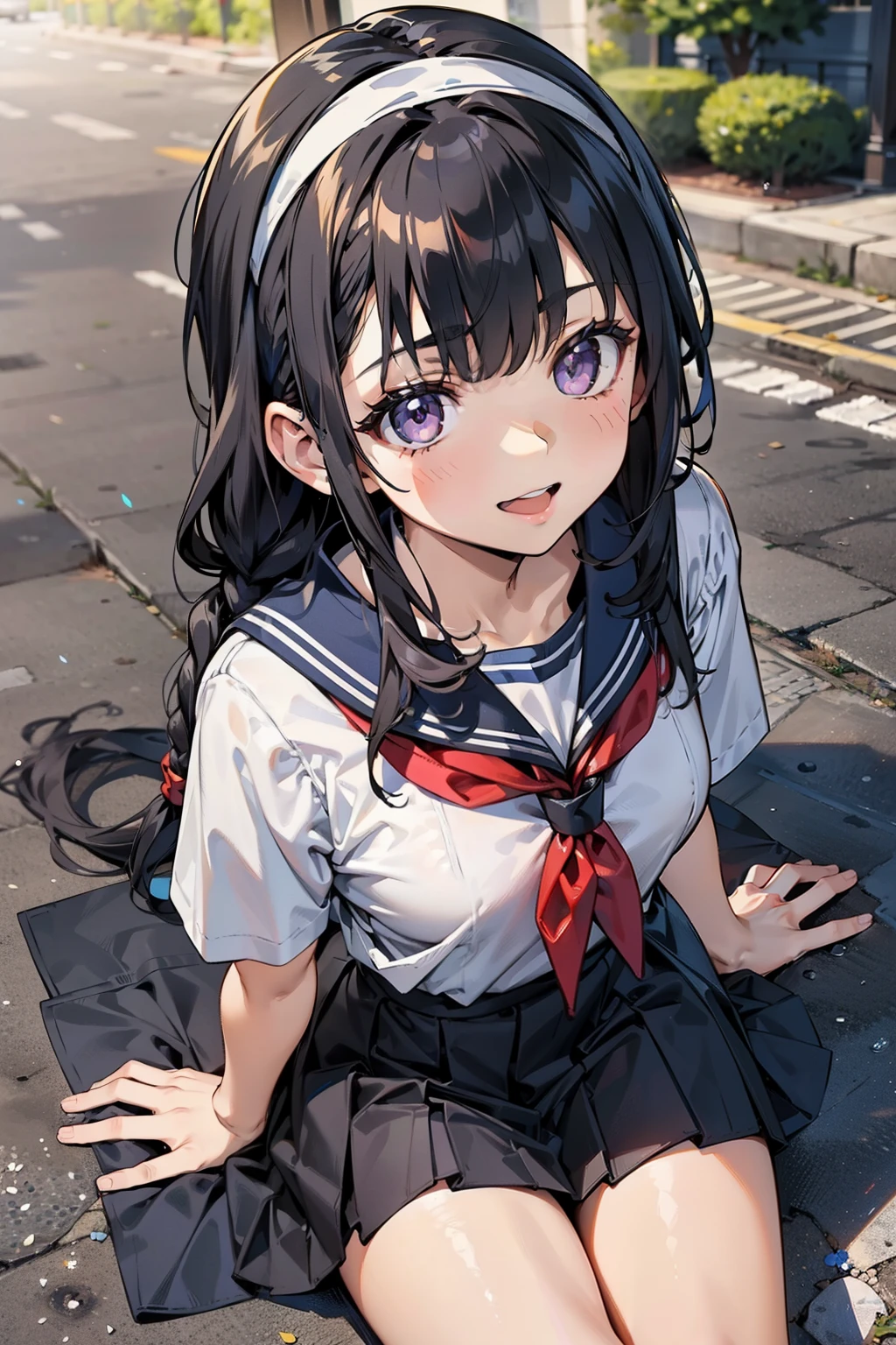 body 8 times longer than head, (Highly detailed CG unity 8k), (highest quality)，(very detailed)，(ultra high resolution), black hair, High school girl wearing a navy sailor suit, Anime 2D rendering, realistic young anime high school girl, ((White headband)), purple eyes, small breasts, tall, slanted eyes, (school scenery), black stockings, bright color, open your mouth, Dark blue skirt, Long hair braided, Bangs Patsun, position looking down from above, lie on your stomach, looking at the flowers blooming on the ground, smile, 