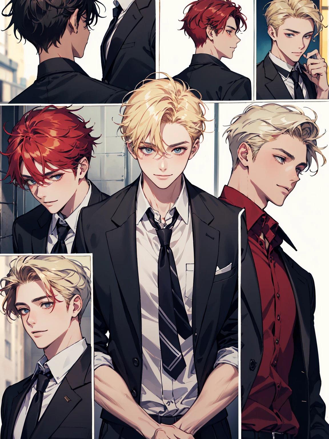 masterpiece, collage of teenage boy, happy, smile, high school boy, school uniform, blond hair, black hair, multiple boys, red hair