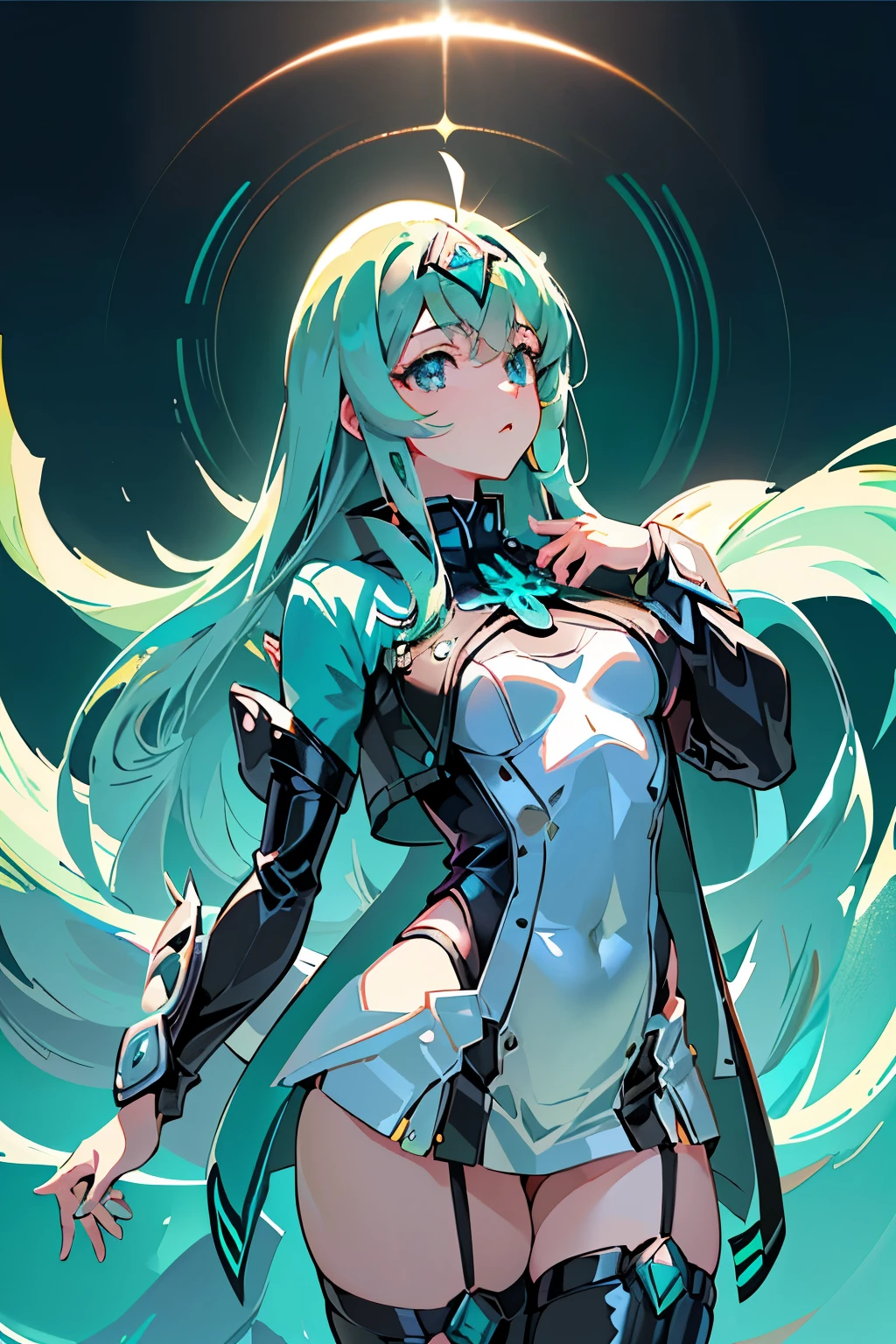 Anime, Girl, (((1girl))), (((Waifu, Xenoblade Chronicles 2, Pneuma Waifu))), (((Seafoam Green Hair, Long Hair))), ((Seafoam Green Eyes eyes:1.3, Upturned Eyes: 1, Perfect Eyes, Beautiful Detailed Eyes, Gradient eyes: 1, Finely Detailed Beautiful Eyes: 1, Symmetrical Eyes: 1, Big Highlight On Eyes: 1.2)), (((Lustrous Skin: 1.5, Bright Skin: 1.5, Skin Fair, Shiny Skin, Very Shiny Skin, Shiny Body, Plastic Glitter Skin, Exaggerated Shiny Skin, Illuminated Skin))), (Detailed Body, (Detailed Face)), Young, Idol Pose, (Best Quality), Techwear, (((Military Uniform))), (((Military Cap))), (((Military Coat))), (((Thigh-high Heeled Boots))), High Resolution, Sharp Focus, Ultra Detailed, Extremely Detailed, Extremely High Quality Artwork, (Realistic, Photorealistic: 1.37), 8k_Wallpaper, (Extremely Detailed CG 8k), (Very Fine 8K CG), ((Hyper Super Ultra Detailed Perfect Piece)), (((Flawlessmasterpiece))), Illustration, Vibrant Colors, (Intricate), High Contrast, Selective Lighting, Double Exposure, HDR (High Dynamic Range), Post-processing, Background Blur