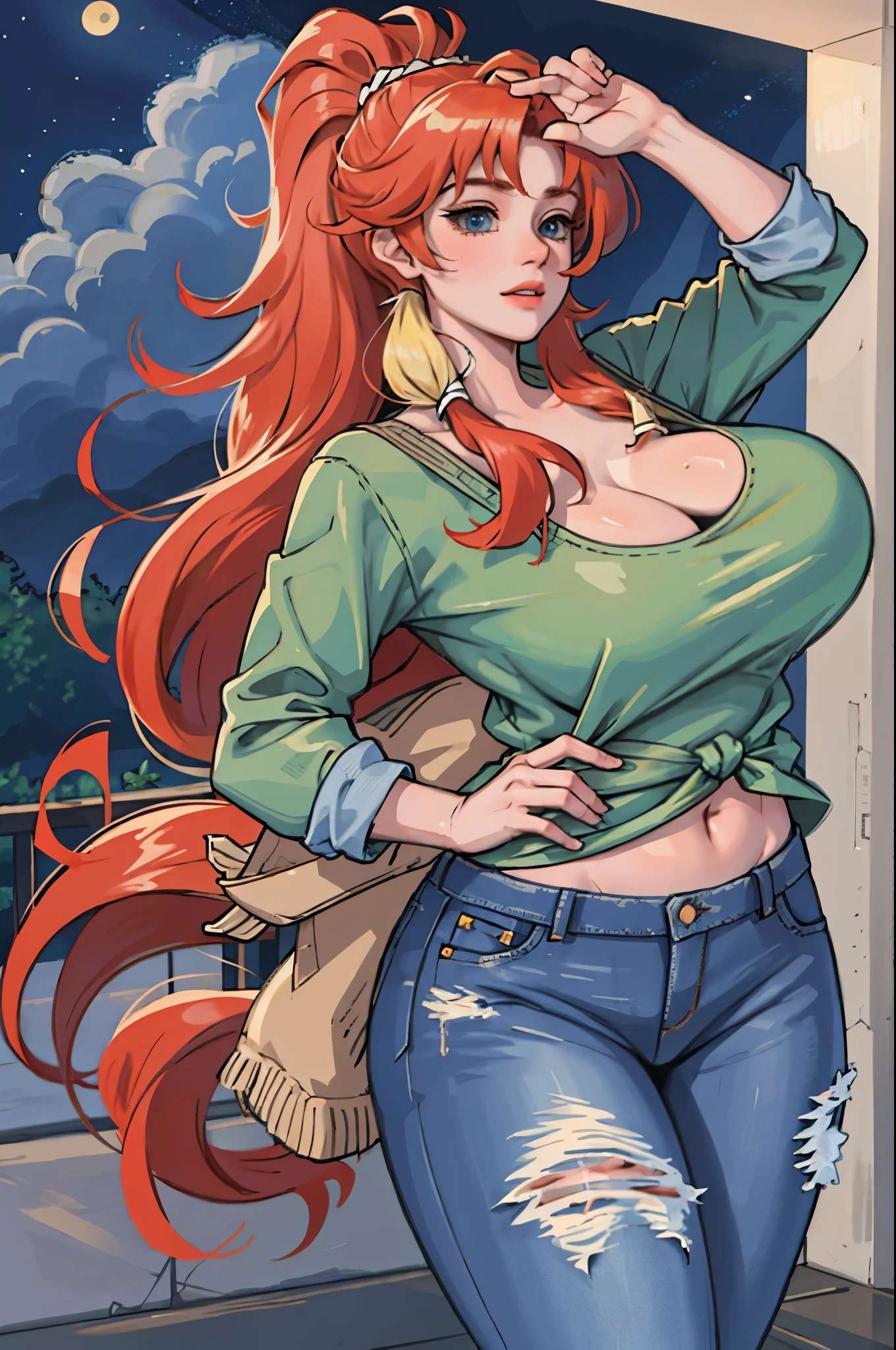 High resolution illustrations, unrivaled masterpiece, ultra-realistic 8k CG, perfect artwork, (fidelity: 1.5), farm, ranch, ((night)), cloudy, ((mature woman)), (((solo))), wet hair, red hair, curly hair, single ponytail, blue eyes, huge tits, big ass, natural makeup, ((Casual wear, jeans)), character in the middle, standing, blonde hair, vibrant, multicolour