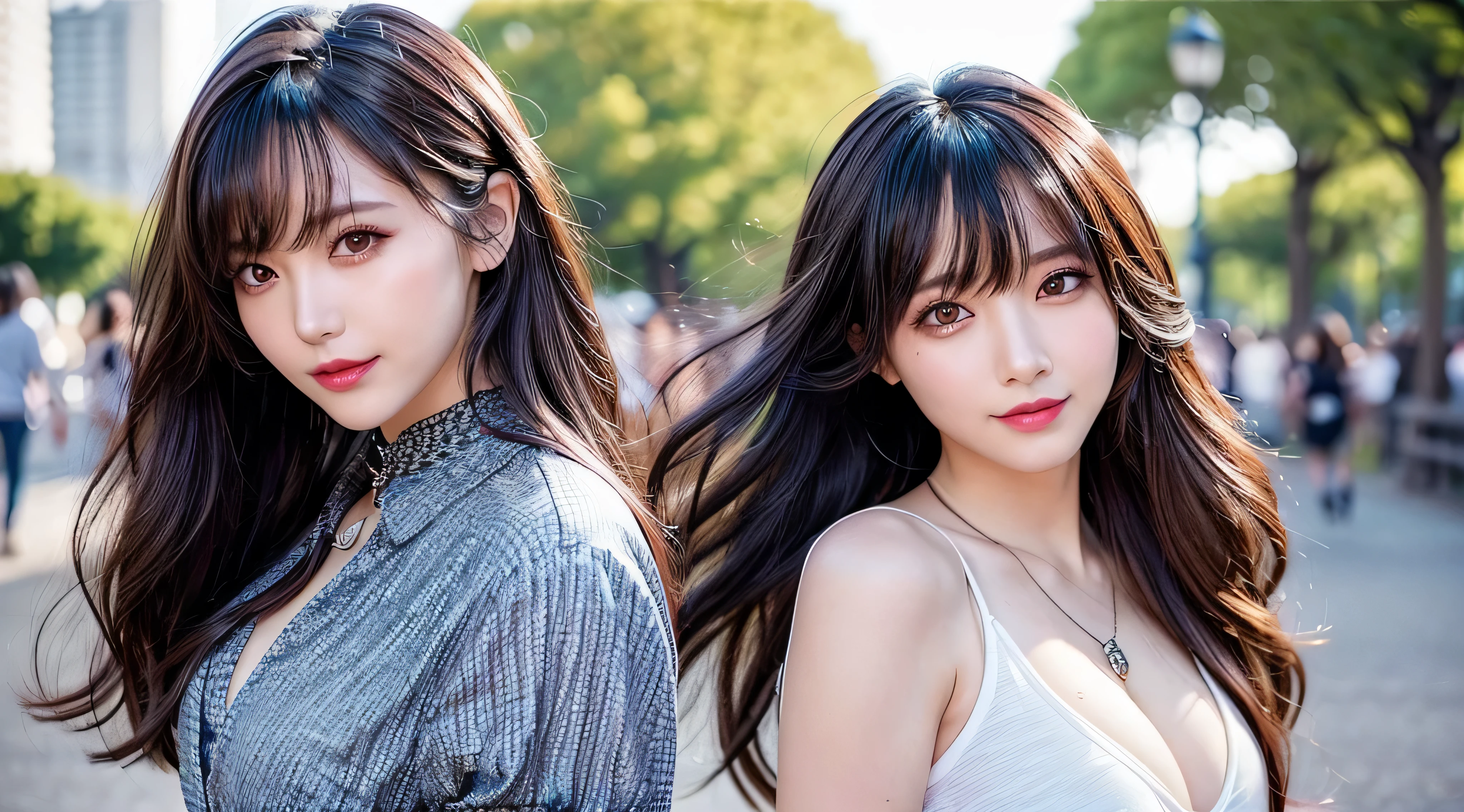 Canon RF85mmf/1.2、masterpiece、highest quality、ultra high resolution、(((girl only 32 years old)))、(japanese idol:1.2)、alone、shiny肌、very white skin、black eye、necklace、brown hair、red lips、long hair、eyelash、wavy hair、bangs、compensate、glossy lips、shiny、pores、skin texture、jewelry、bracelet、big breasts、、cleavage,(Patterned blouse),smile,(skinny jeans:1.4)、(City Park Background:1.3))