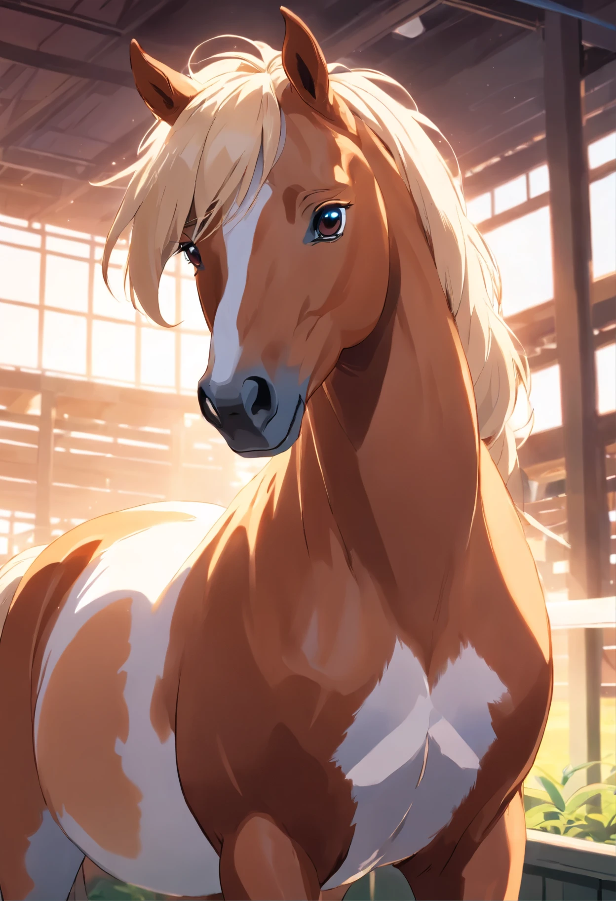 a beautiful light brown horse, (mare), animated gifs, expressive eyes, looking at viewer, long white mane, (stable), (in heat), (seducing viewer), (horse pussy), (full body view),