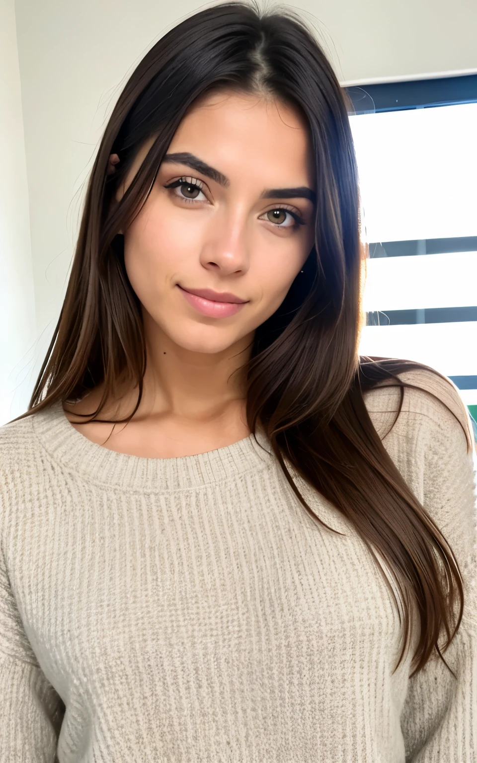 Beautiful brunette in light beige sweater (take care of nails in a modern beauty salon), Muy detallado, 21 years, Cara inocente, cabello ondulado natural, ojos azules, high resolution, obra maestra, Mejor calidad, detalles intrincados, muy detallado, Sharp focus, piel detallada, Realista skin textura, textura, ojos detallados, profesional, 4k, sonrisa encantandora, disparado en Canon, 85mm, Poca profundidad de campo,  Kodak Vision Color, cuerpo en forma perfecta, extremadamente detallado, Foto_\(Ultra\), photoRealista, Realista, Postprocesamiento, maximum detail, Aspereza, vida real, Ultra Realista, fotorrealismo, Photography, 8k UHD, Photography