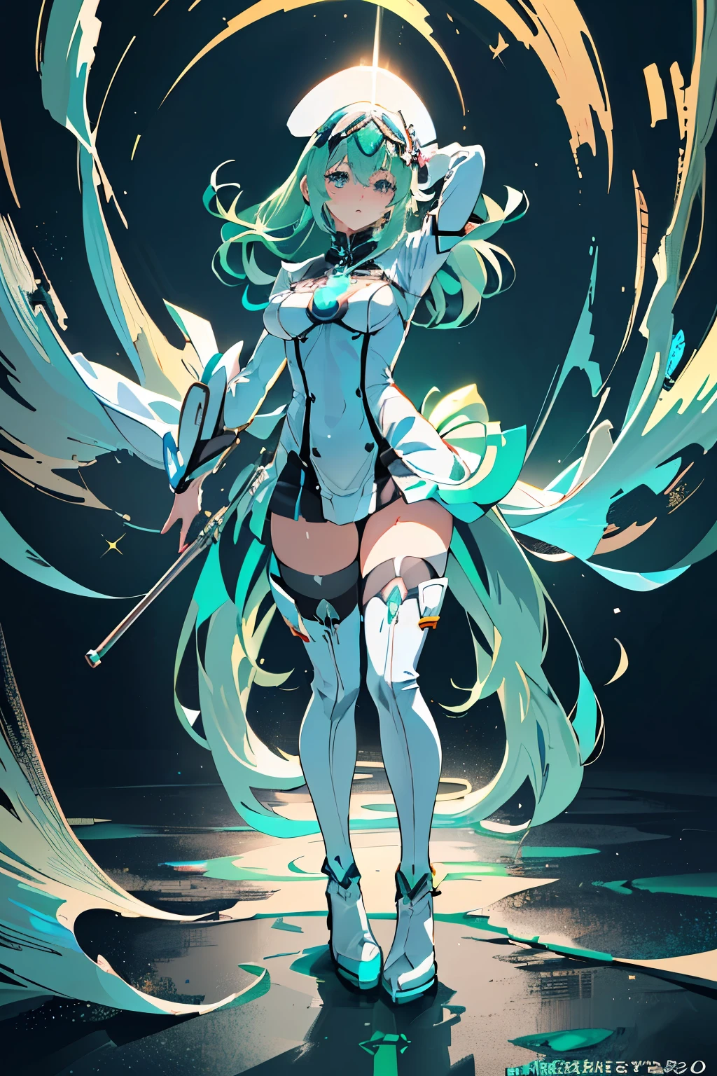 Anime, Girl, (((1girl))), (((Waifu, Xenoblade Chronicles 2, Pneuma Waifu))), (((Seafoam Green Hair, Long Hair))), ((Seafoam Green Eyes eyes:1.3, Upturned Eyes: 1, Perfect Eyes, Beautiful Detailed Eyes, Gradient eyes: 1, Finely Detailed Beautiful Eyes: 1, Symmetrical Eyes: 1, Big Highlight On Eyes: 1.2)), (((Lustrous Skin: 1.5, Bright Skin: 1.5, Skin Fair, Shiny Skin, Very Shiny Skin, Shiny Body, Plastic Glitter Skin, Exaggerated Shiny Skin, Illuminated Skin))), (Detailed Body, (Detailed Face)), Young, Idol Pose, (Best Quality), Techwear, (((Military Uniform))), (((Military Cap))), (((Military Coat))), (((Thigh-high Heeled Boots))), High Resolution, Sharp Focus, Ultra Detailed, Extremely Detailed, Extremely High Quality Artwork, (Realistic, Photorealistic: 1.37), 8k_Wallpaper, (Extremely Detailed CG 8k), (Very Fine 8K CG), ((Hyper Super Ultra Detailed Perfect Piece)), (((Flawlessmasterpiece))), Illustration, Vibrant Colors, (Intricate), High Contrast, Selective Lighting, Double Exposure, HDR (High Dynamic Range), Post-processing, Background Blur