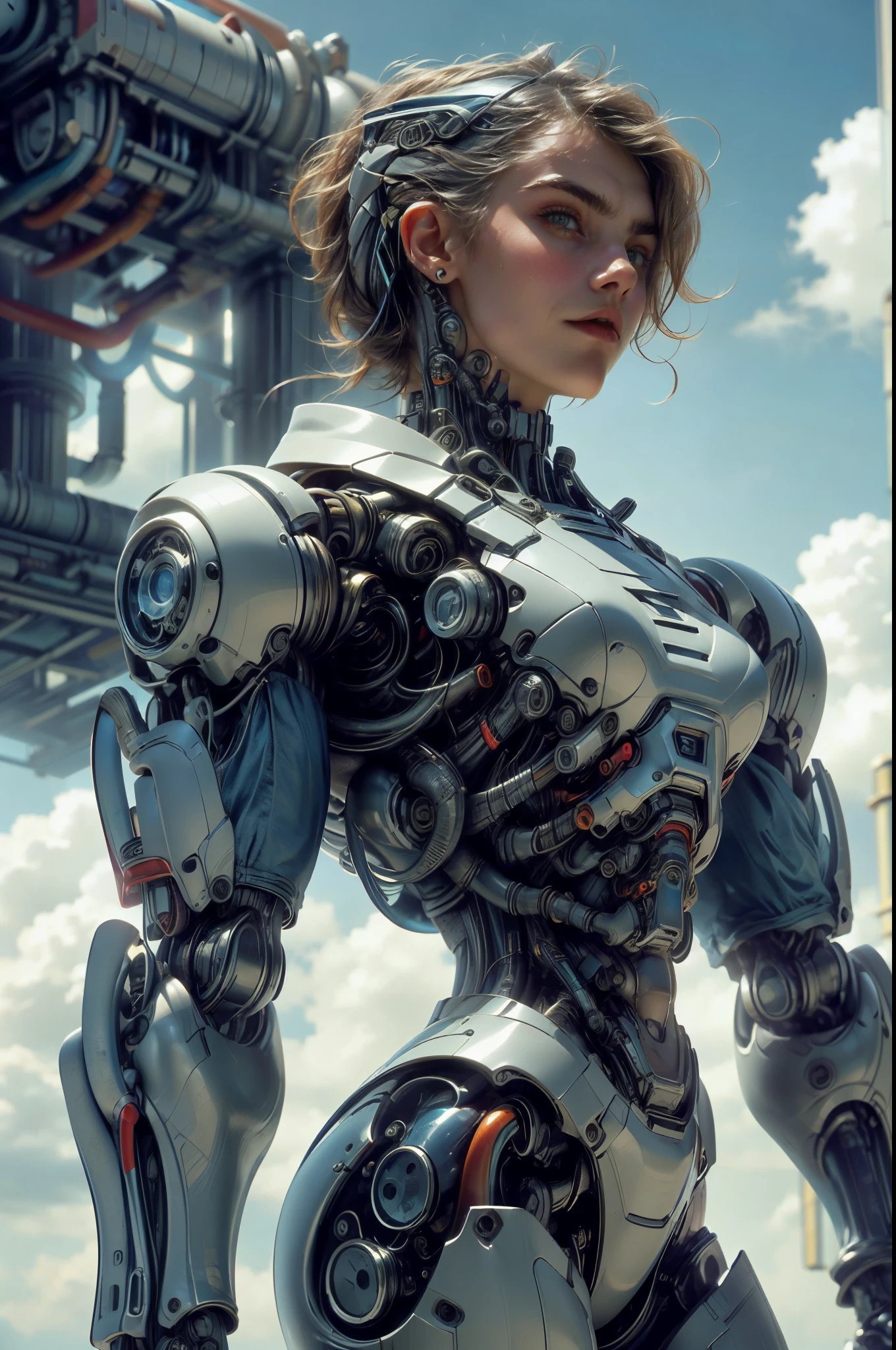 (1 girl), (beautiful borg queen:1.25), (cara delevingne:1.25), (robotic mechanical physique:1.25), (1 super muscular cyborg demoness:1.25), (covered in cables and mechanical muscles:1.25), (android muscular anatomy:1.25), (perfect fingers:1.25),(8k, RAW photo, photorealistic:1.25), sci fi atmosphere, futuristic technopia, alien landscape,