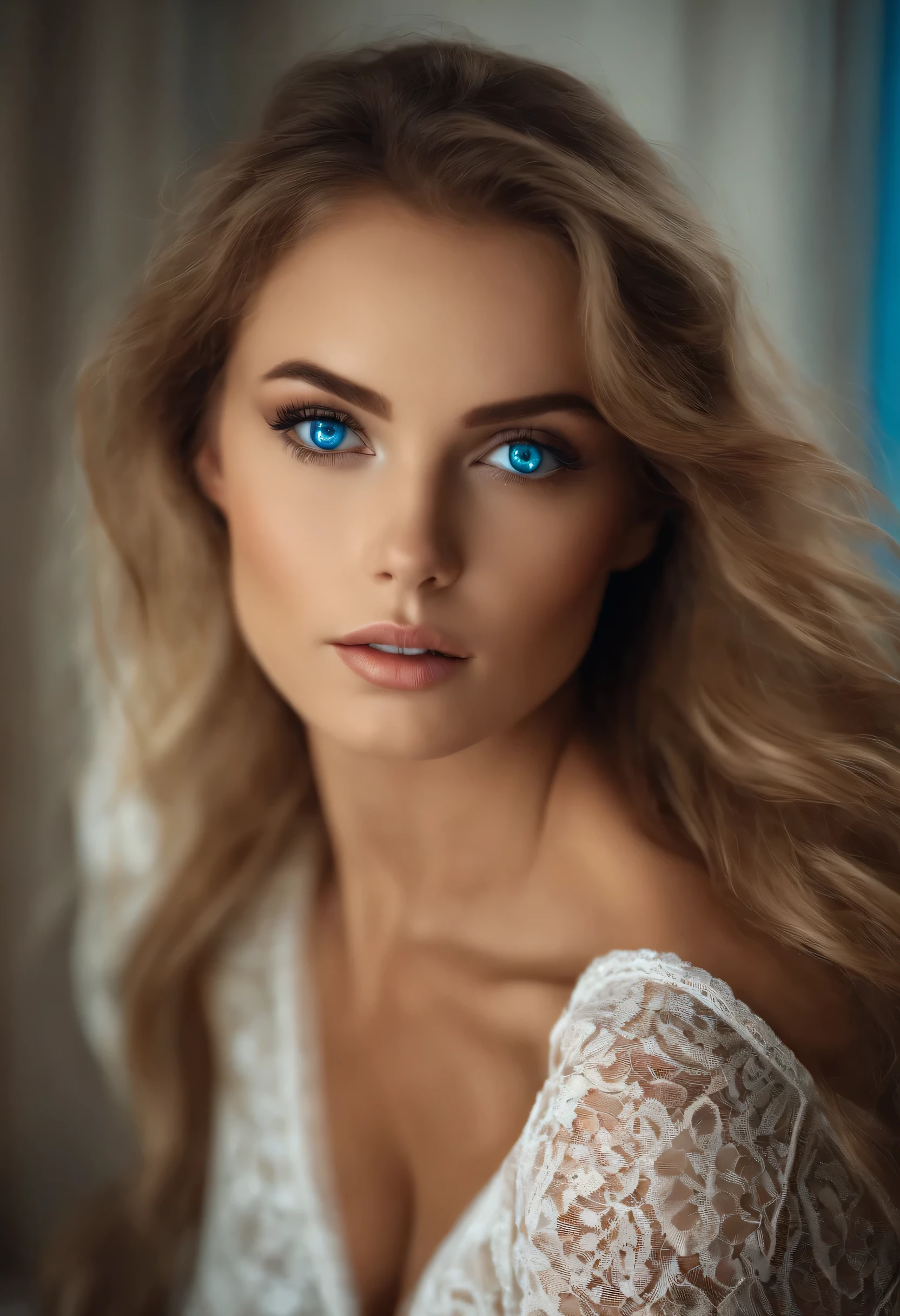 Sexy girl with blue eyes, Big eyes, blaue Augen, natural eyes, Full body, natural makeup, im Schlafzimmer, big 