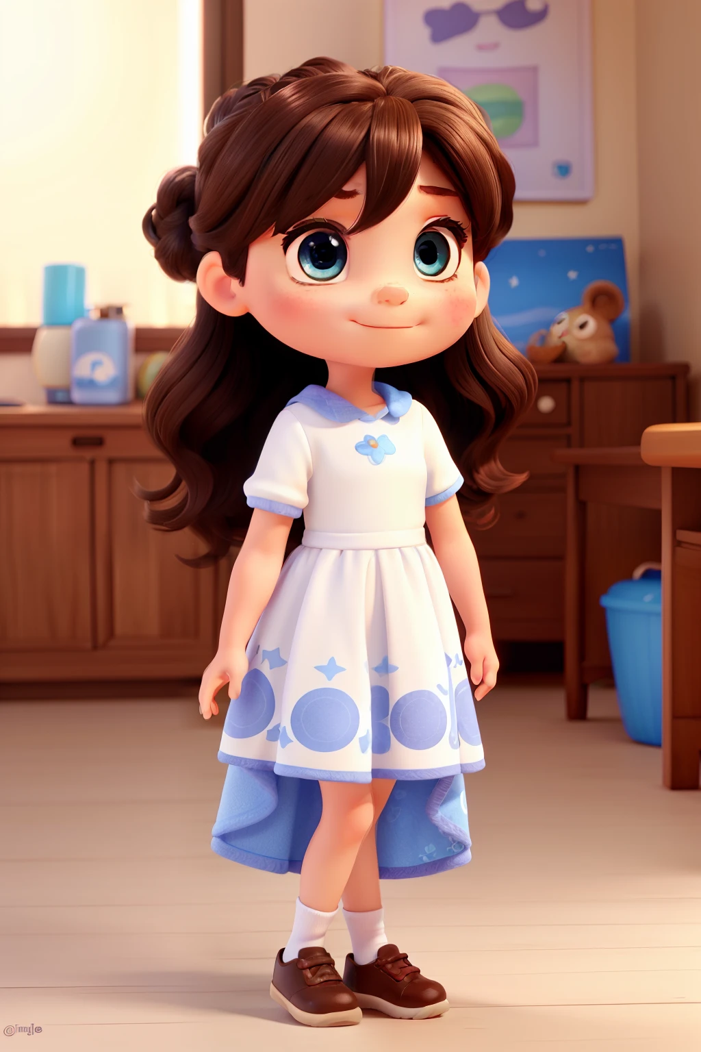 Create a chibi-style Pixar avatar of a 4--old l with wavy dark brown hair in buns and fair white skin, and bright blue eyes.