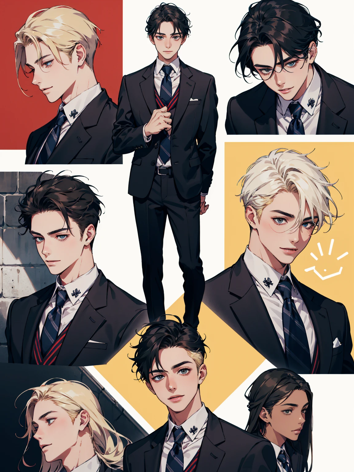 masterpiece, collage of age boy, happy, smile, high school boy, school uniform, blond hair, black hair, multiple boys,