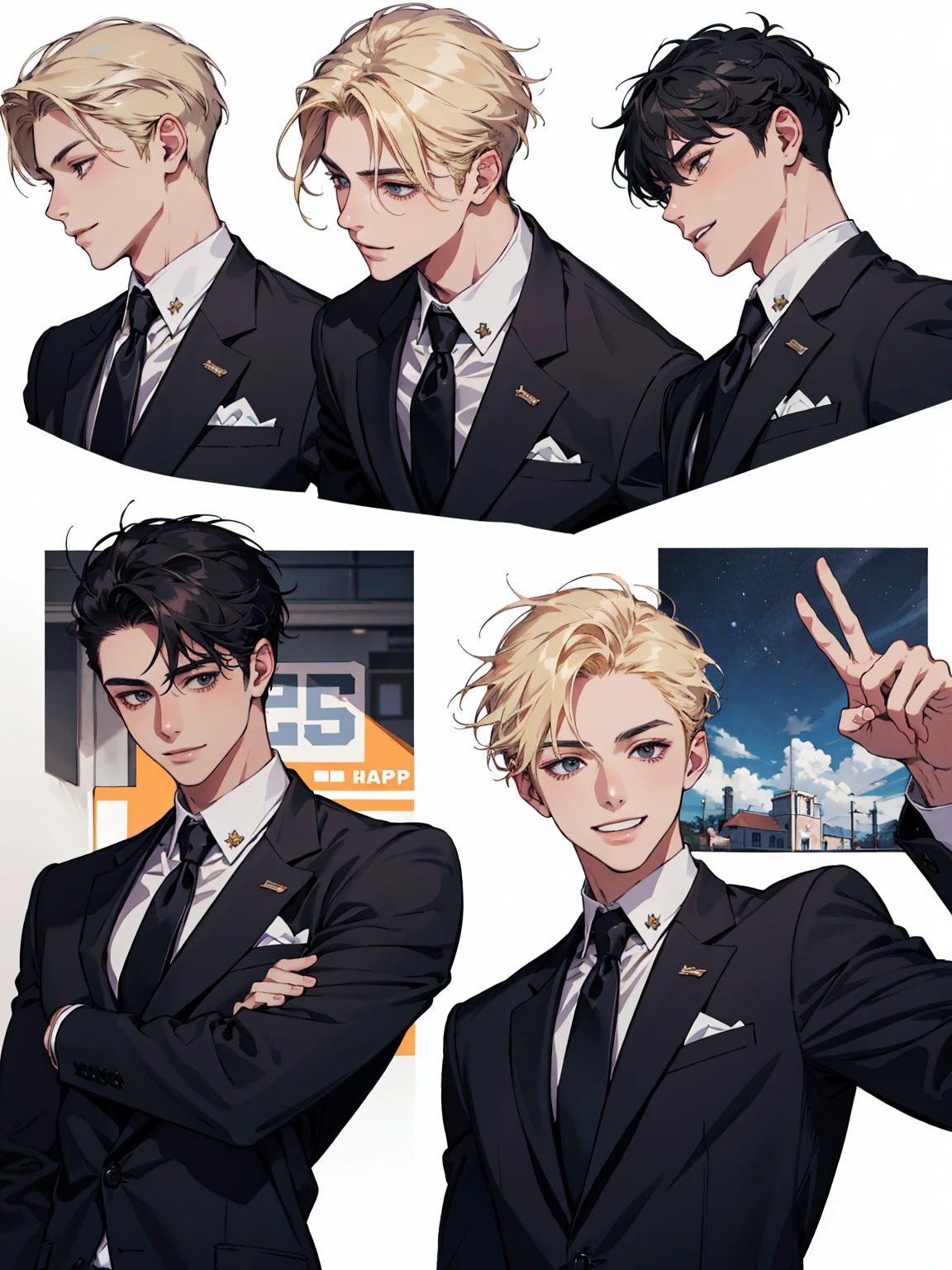 masterpiece, collage of teenage boy, happy, smile, high school boy, school uniform, blond hair, black hair, multiple boys,