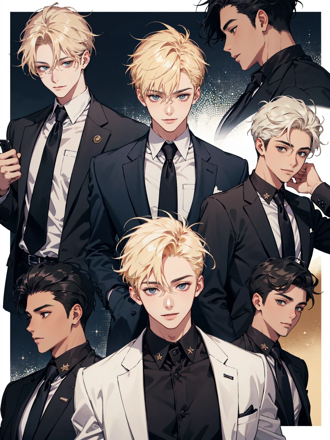 masterpiece, collage of age boy, happy, smile, high school boy, school uniform, blond hair, black hair, multiple boys,