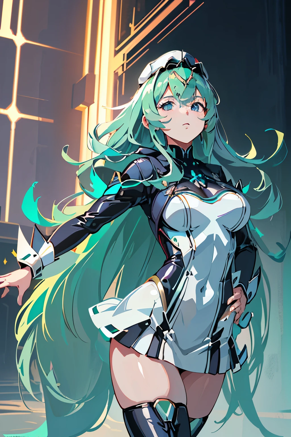 Anime, Girl, (((1girl))), (((Waifu, Xenoblade Chronicles 2, Pneuma Waifu))), (((Seafoam Green Hair, Long Hair))), ((Seafoam Green Eyes eyes:1.3, Upturned Eyes: 1, Perfect Eyes, Beautiful Detailed Eyes, Gradient eyes: 1, Finely Detailed Beautiful Eyes: 1, Symmetrical Eyes: 1, Big Highlight On Eyes: 1.2)), (((Lustrous Skin: 1.5, Bright Skin: 1.5, Skin Fair, Shiny Skin, Very Shiny Skin, Shiny Body, Plastic Glitter Skin, Exaggerated Shiny Skin, Illuminated Skin))), (Detailed Body, (Detailed Face)), Young, Idol Pose, (Best Quality), Techwear, (((Military Uniform))), (((Military Cap))), (((Military Coat))), (((Thigh-high Heeled Boots))), High Resolution, Sharp Focus, Ultra Detailed, Extremely Detailed, Extremely High Quality Artwork, (Realistic, Photorealistic: 1.37), 8k_Wallpaper, (Extremely Detailed CG 8k), (Very Fine 8K CG), ((Hyper Super Ultra Detailed Perfect Piece)), (((Flawlessmasterpiece))), Illustration, Vibrant Colors, (Intricate), High Contrast, Selective Lighting, Double Exposure, HDR (High Dynamic Range), Post-processing, Background Blur