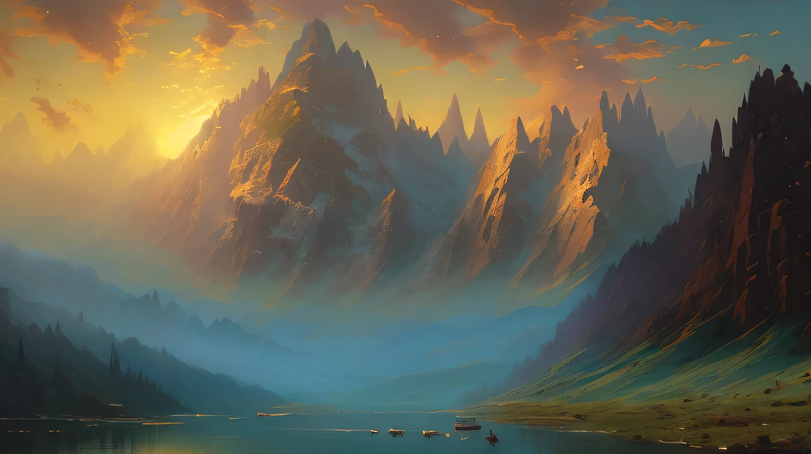 painting of a mountain landscape with a lake and a mountain in the distance, inspired by James Pittendrigh MacGillivray, by Charles Roka, inspired by Craig Mullins, in style of kyrill kotashev, silvain sarrailh, incredible light, lan mcque, thomas kinkade and craig mullins, floating mountains, an epic landscape