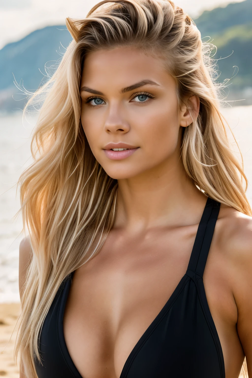 photo session of a model, natural light, professional, (Photo 4K:1.1) (Sharpness:1.3), high detail, Beautiful detailed face, hazel eyes, hair in blonde ponytail, big breast with cleavage, (pretty young woman:1.3), (attractive:1.1), (Blush:1.1), Hourglass body shape, a girl, in black, in a sexy 2-piece swimsuit, (standing on a paddle board in the sea),