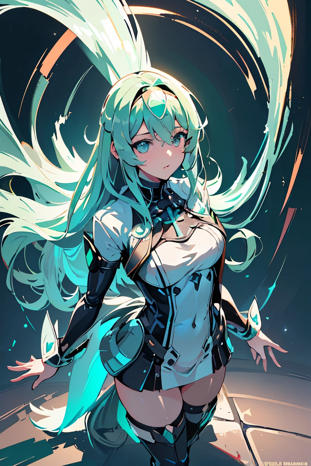 Anime, Girl, (((1girl))), (((Waifu, Xenoblade Chronicles 2, Pneuma Waifu))), (((Seafoam Green Hair, Long Hair))), ((Seafoam Green Eyes eyes:1.3, Upturned Eyes: 1, Perfect Eyes, Beautiful Detailed Eyes, Gradient eyes: 1, Finely Detailed Beautiful Eyes: 1, Symmetrical Eyes: 1, Big Highlight On Eyes: 1.2)), (((Lustrous Skin: 1.5, Bright Skin: 1.5, Skin Fair, Shiny Skin, Very Shiny Skin, Shiny Body, Plastic Glitter Skin, Exaggerated Shiny Skin, Illuminated Skin))), (Detailed Body, (Detailed Face)), Young, Idol Pose, (Best Quality), Techwear, (((Military Uniform))), (((Military Cap))), (((Military Coat))), (((Thigh-high Heeled Boots))), High Resolution, Sharp Focus, Ultra Detailed, Extremely Detailed, Extremely High Quality Artwork, (Realistic, Photorealistic: 1.37), 8k_Wallpaper, (Extremely Detailed CG 8k), (Very Fine 8K CG), ((Hyper Super Ultra Detailed Perfect Piece)), (((Flawlessmasterpiece))), Illustration, Vibrant Colors, (Intricate), High Contrast, Selective Lighting, Double Exposure, HDR (High Dynamic Range), Post-processing, Background Blur