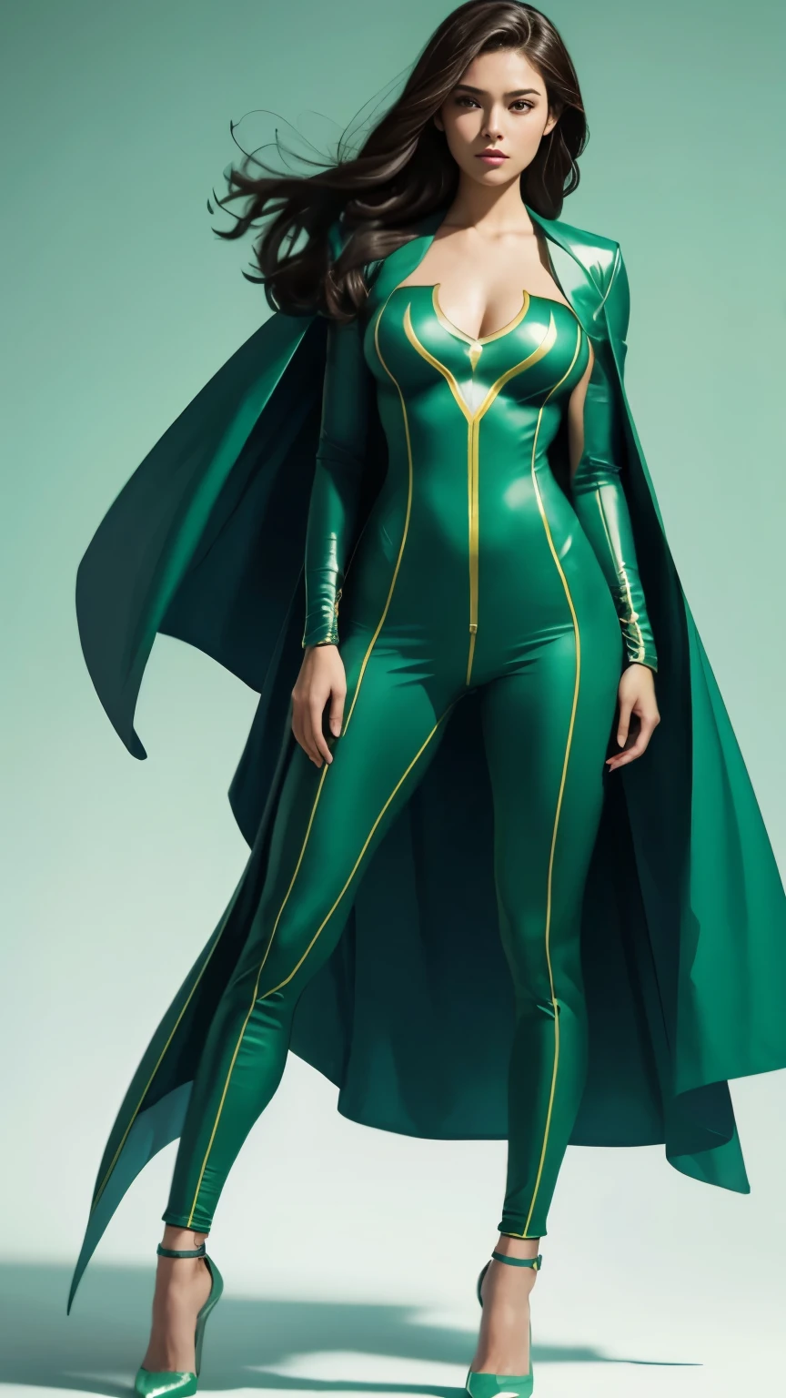 1 sexy MILF, cosplaying super heroine, long hair brunette, green eyes, entire body visible