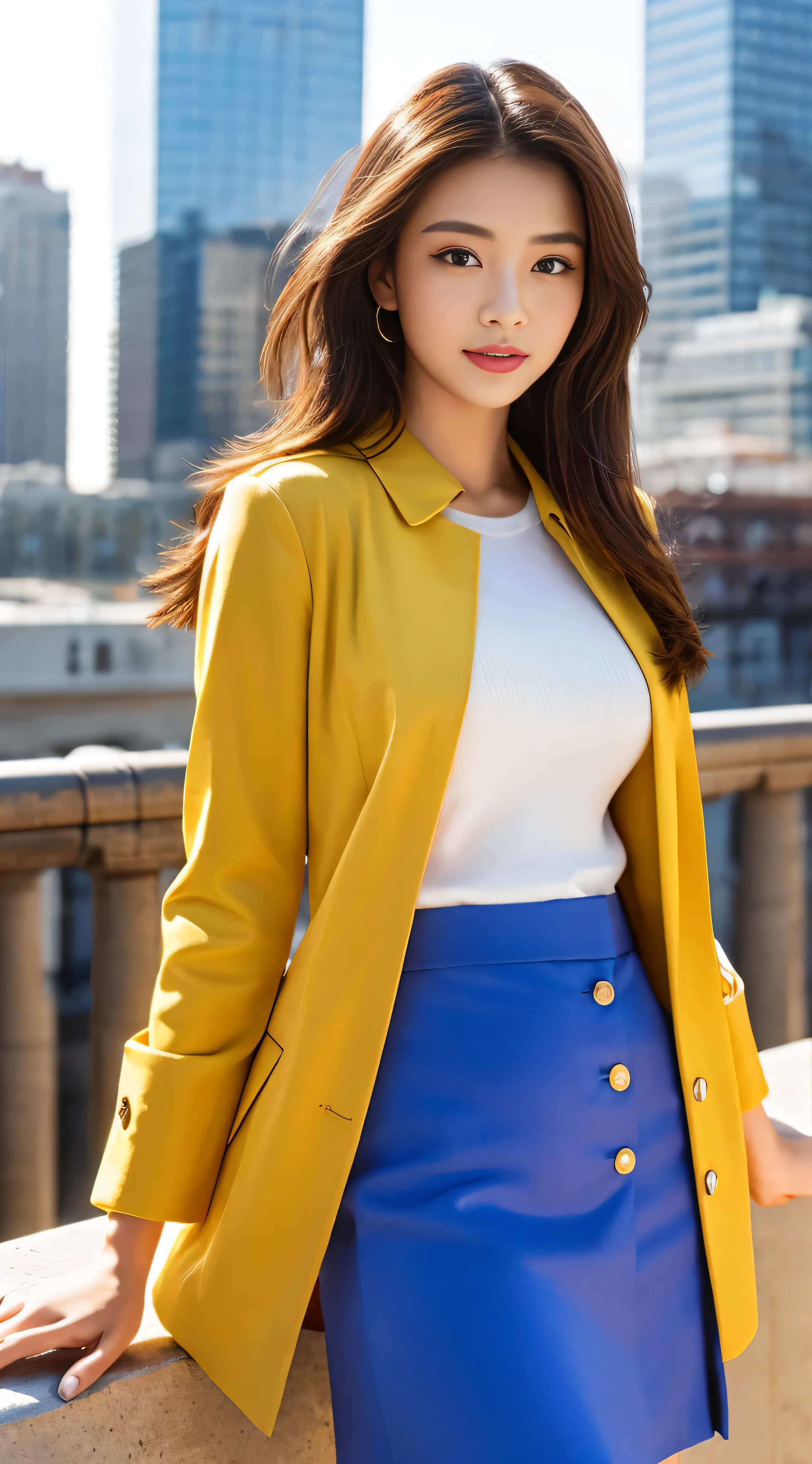 High-definition images、facial details、Highly detailed carving of the whole body、beautiful女性、beautiful、I&#39;m confident in my appearance,Highly detailed carving of the whole body,beautiful若い女性を想像してください, 25 years old, Bright Highlights、bright colors、Chestnut hair with isometric background、The city background is shining、trend art station、8K、Resolution QLTA Jie Bikin、realistic pictures、red jacket and blue satin tight skirt、