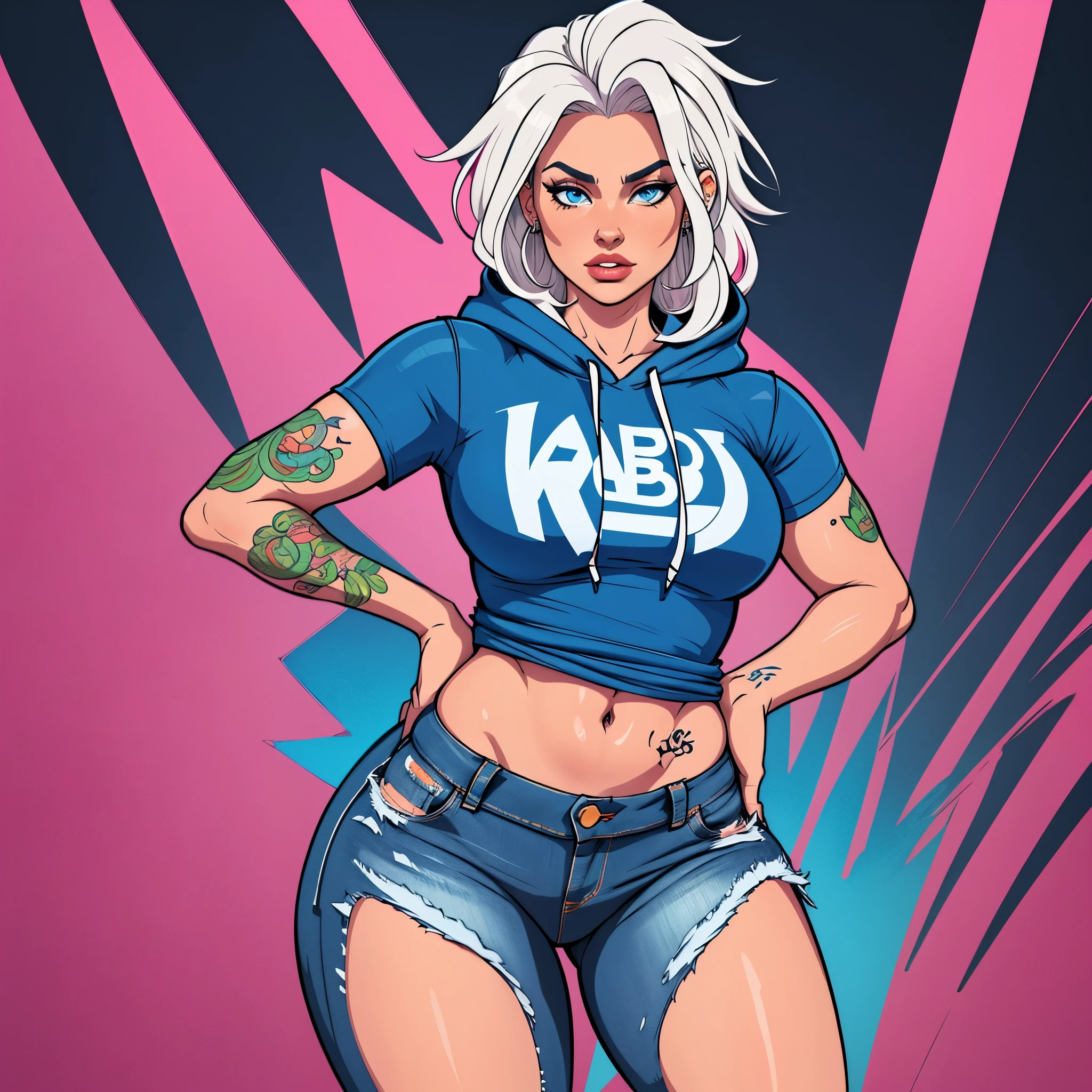 Cool and trendy rabbits, White hair, Blue eyes, Wear trendy hip-hop clothes, Wearing a hoodie, Graphic T-shirt and ripped jeans, Lots of tattoos and piercings, Doodle style background, Highly detailed background, perfect masterpiece, High quality, High resolution