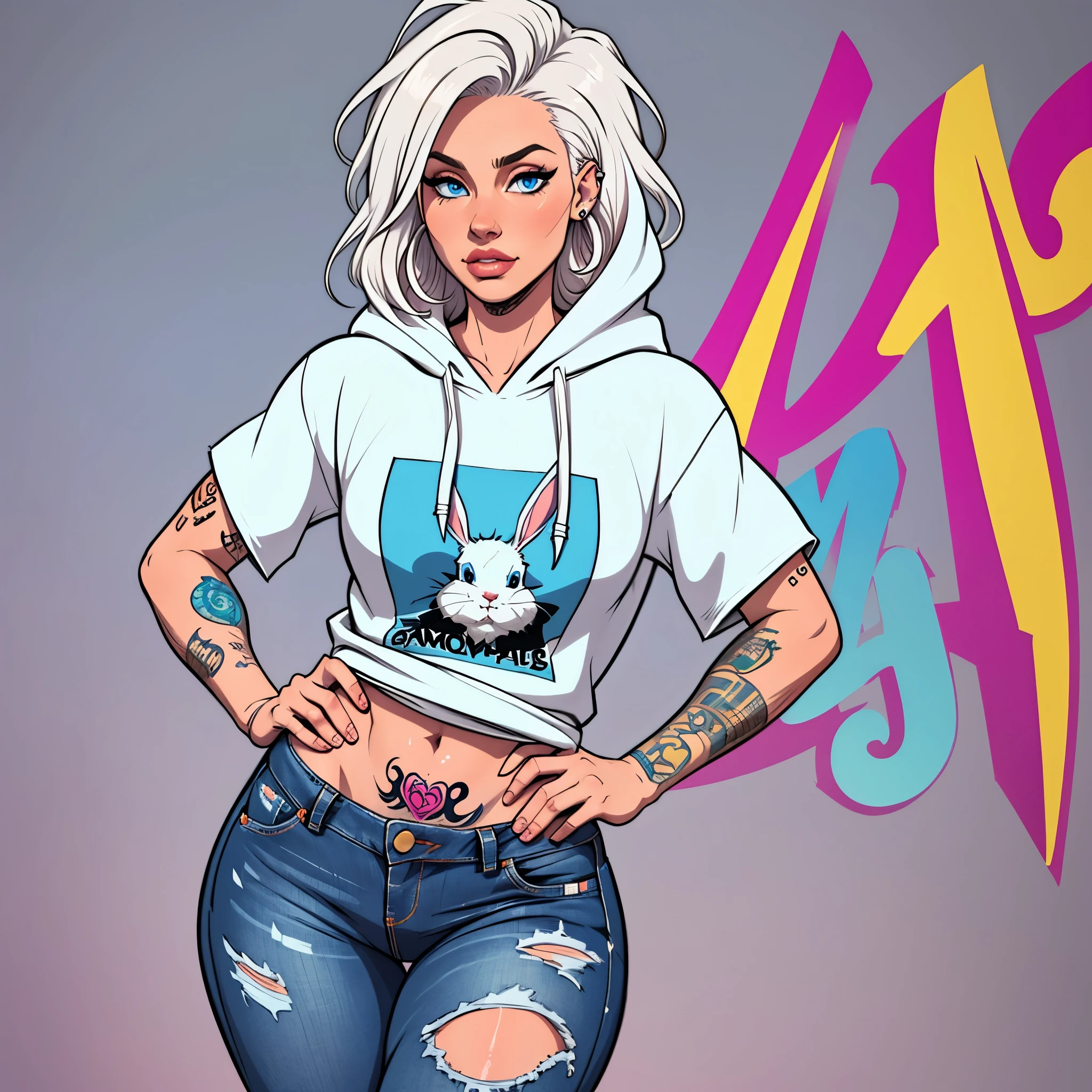 Cool and trendy rabbits, White hair, Blue eyes, Wear trendy hip-hop clothes, Wearing a hoodie, Graphic T-shirt and ripped jeans, Lots of tattoos and piercings, Doodle style background, Highly detailed background, perfect masterpiece, High quality, High resolution