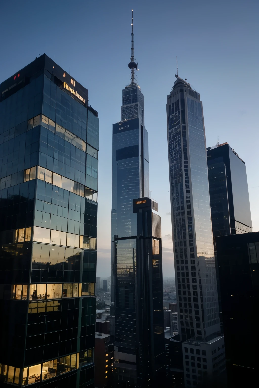 photo taken from the middle of two skyscrapers in dark blue, they are corporate buildings that denote business, they reflect the sky, the building is made of glass, it denotes commitment