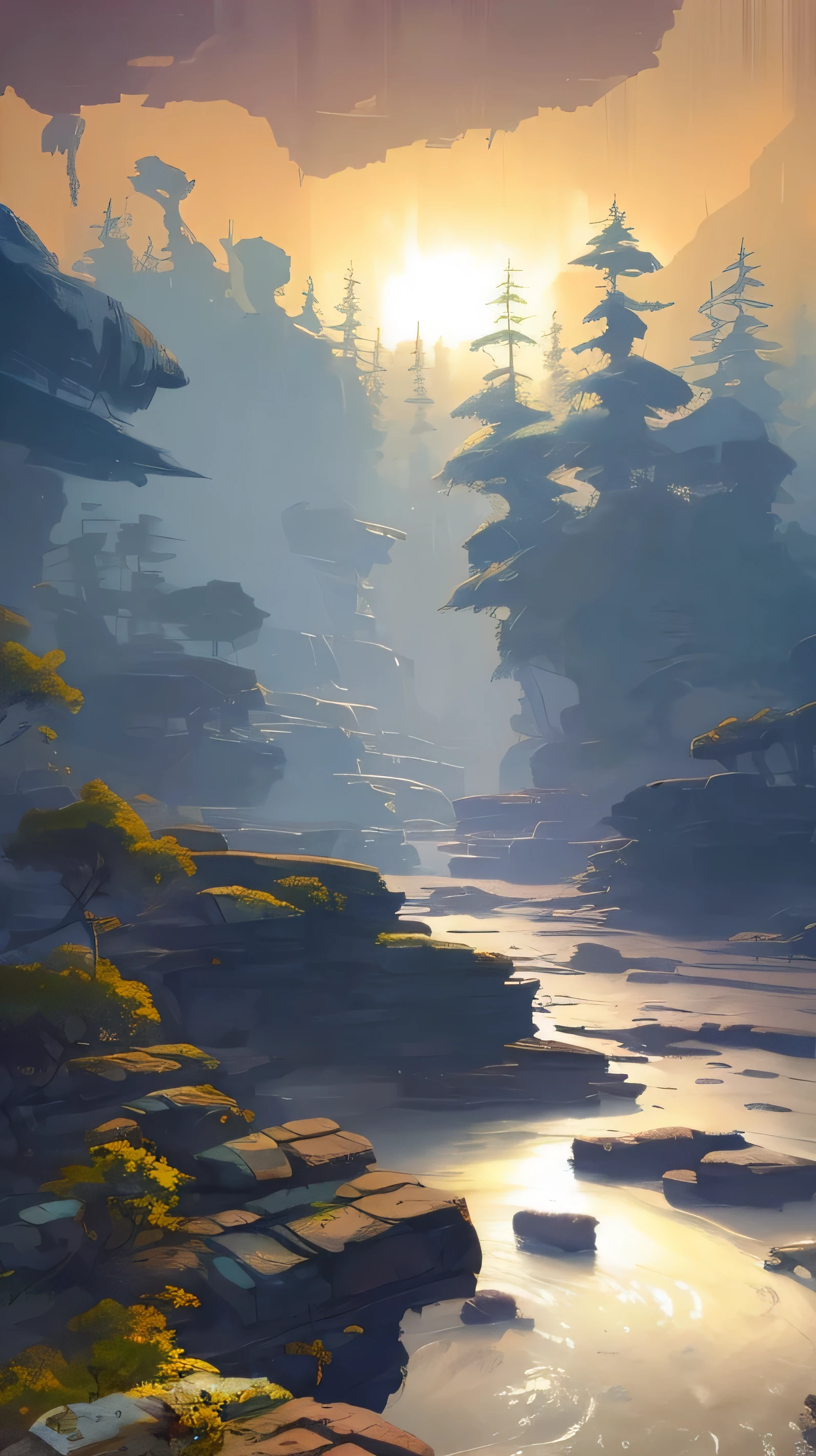 painting of a river with rocks and trees in the background, by David Park, by Vincent Proce, nicolas bouvier sparth, by Craig Thompson, ray swanland, lan mcque, by Slawomir Maniak, inspired by James Pittendrigh MacGillivray, in style of kyrill kotashev, by Michael Sutfin