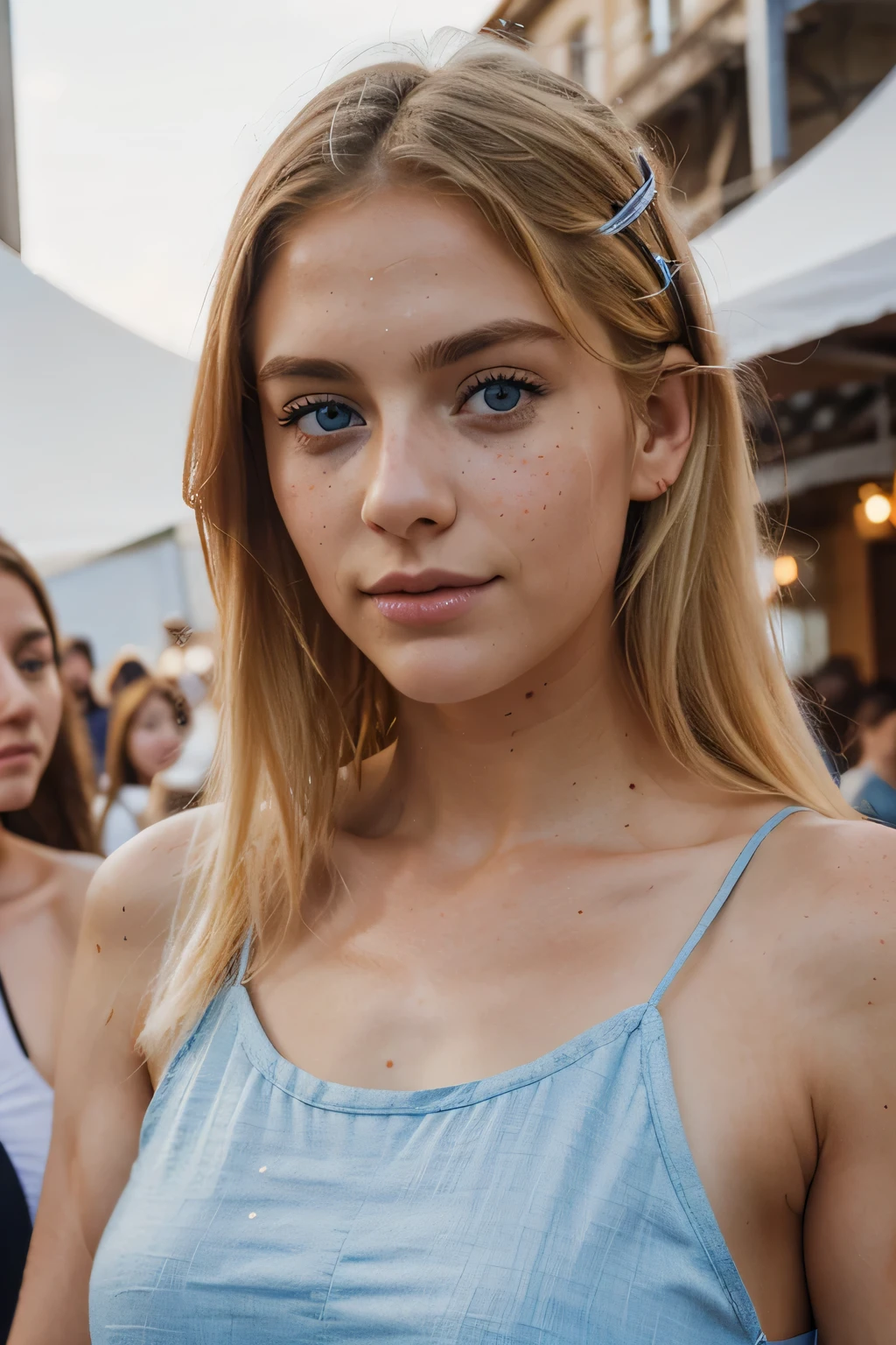 24 years old women. blonde hair. blue eyes. freckle. 170 cantimetres 56 kilogram. gergous. nice jawline. big eyes , at the festival with her friends