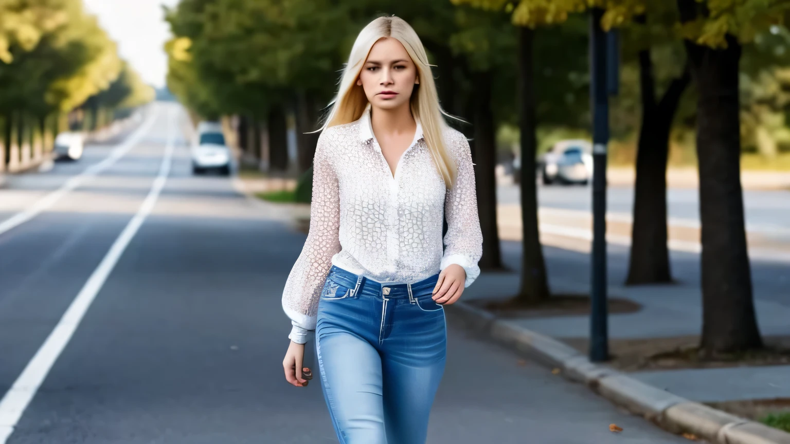 22-year-old walking alone in the street. Blonde, long hair, blue tight jeans, white tight blouse. High heels . 6k, wide shot, backgroun neightborhood 