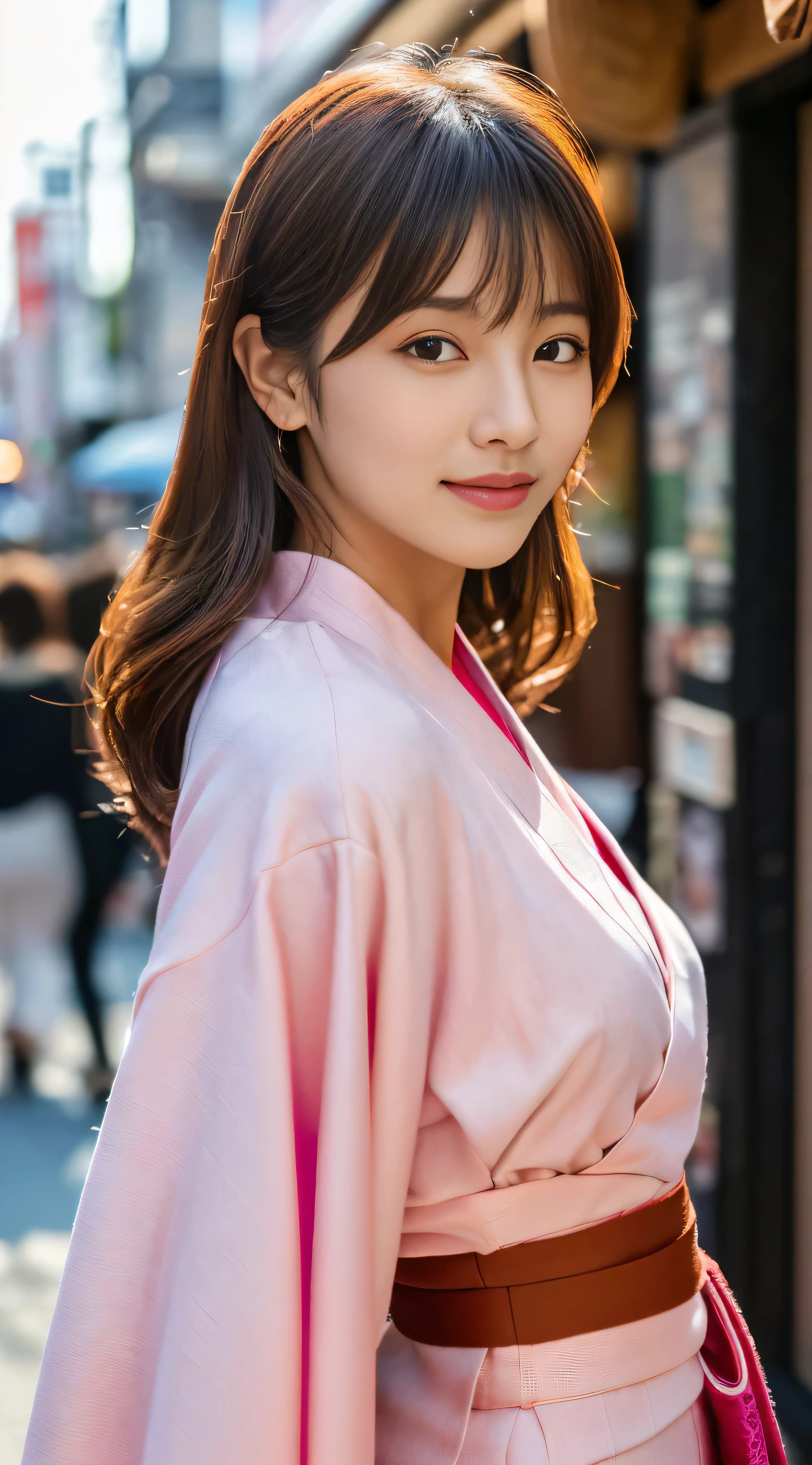（masterpiece)、((((Highest image quality))、((High resolution))、((High Definition CGUnity 8k Wallpapers))、solo、pink kimono、red belt、outdoor、The background is Osaka　This is the northern shopping district area.,facial details,facial details,chestnut hair,High resolution画像でカメラを見つめながら微笑んでいます