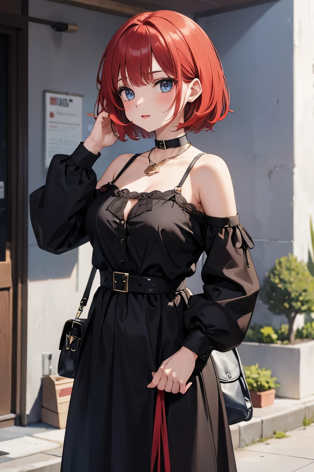 1 girl, red hair, disheveled, short hair, blue eyes, red lips, black dress